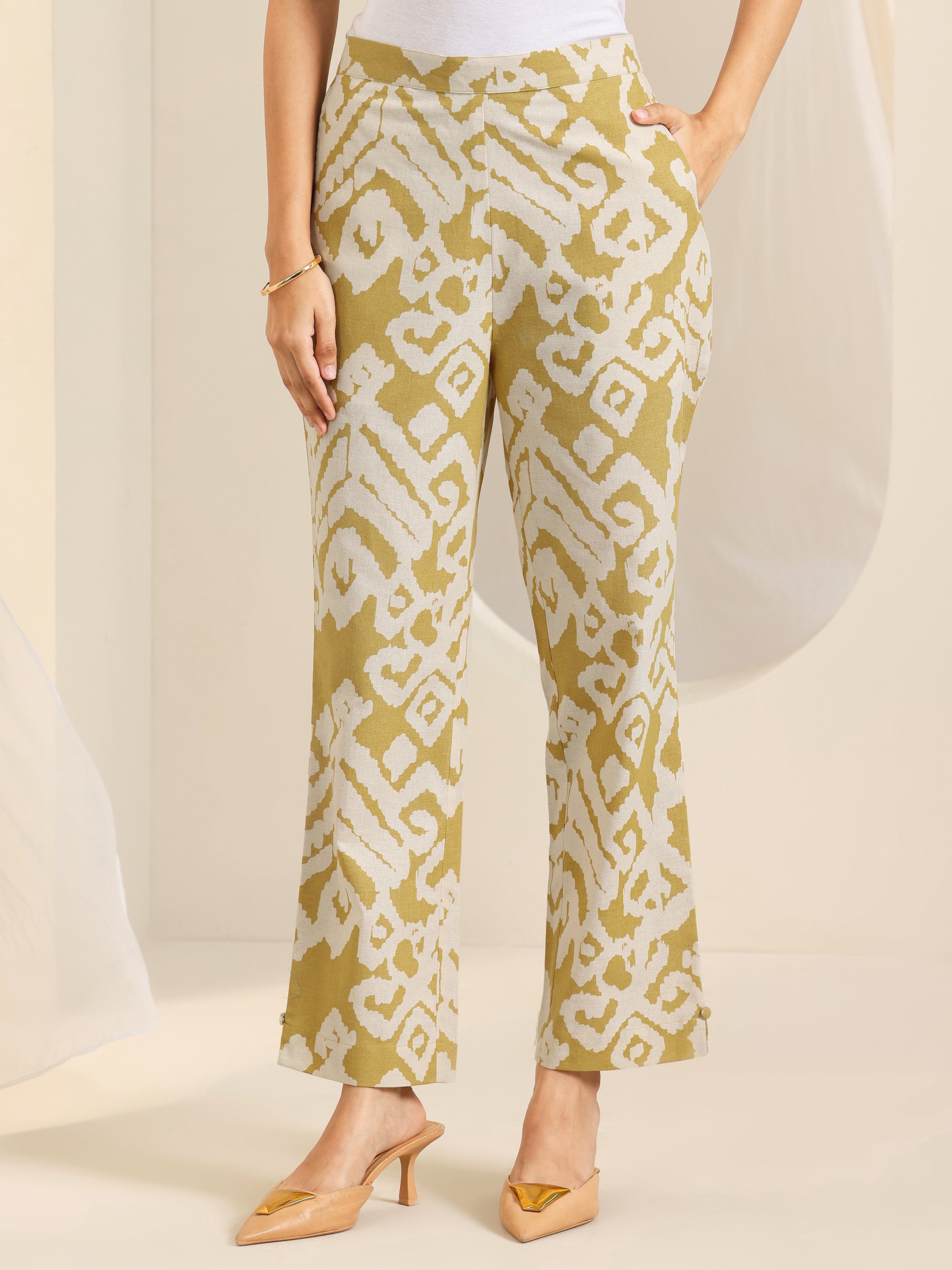 Mustard Printed V-Neck Kurta with Straight Trousers Set
