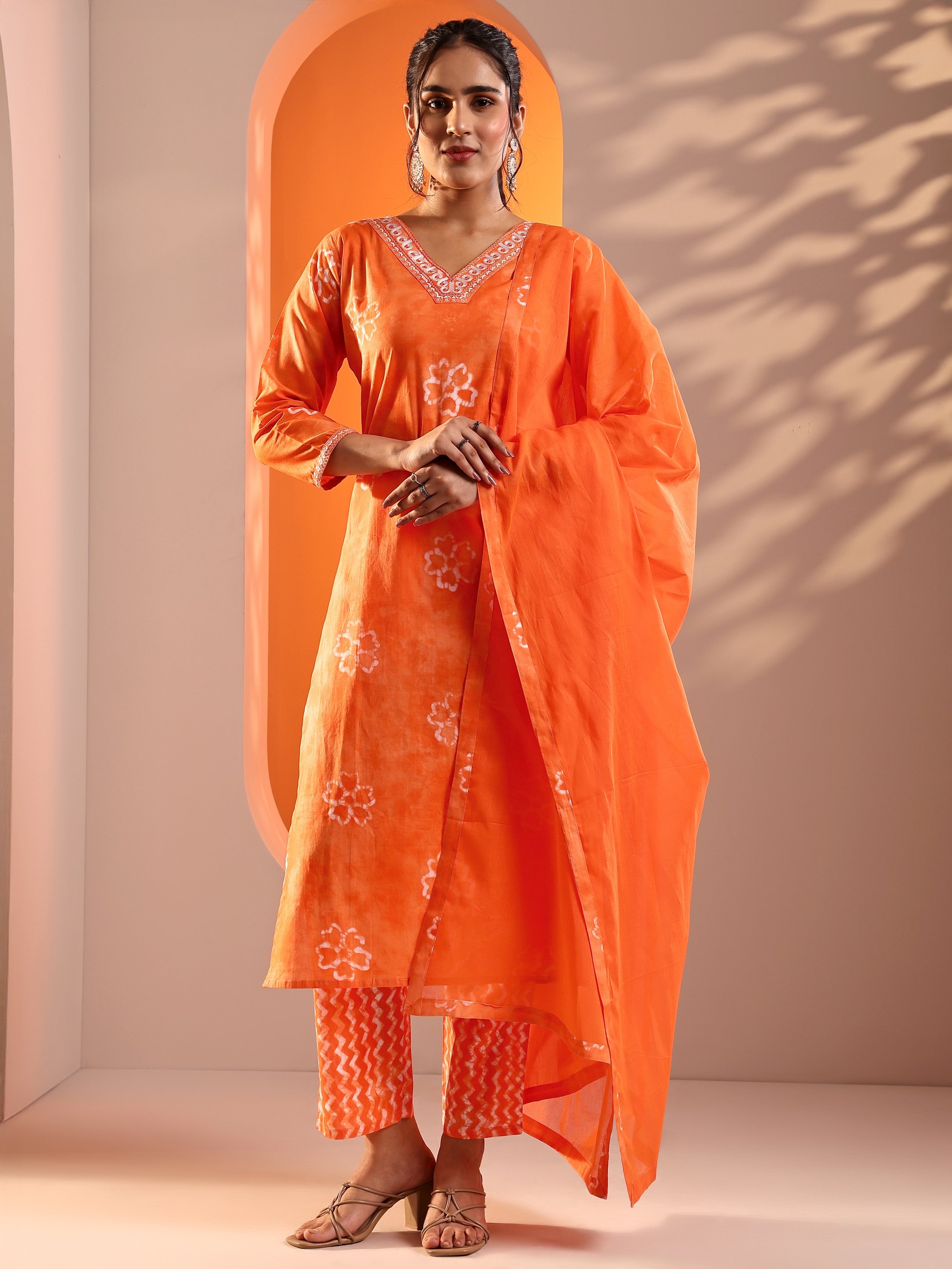 Orange Embroidered V-Neck Kurta Set with Straight Pants and Dupatta