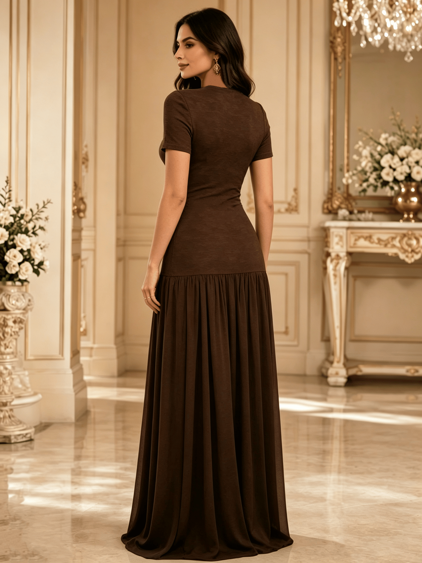 Coffee Brown Fit and Flare Maxi Dress with Side Slit and Short Sleeves