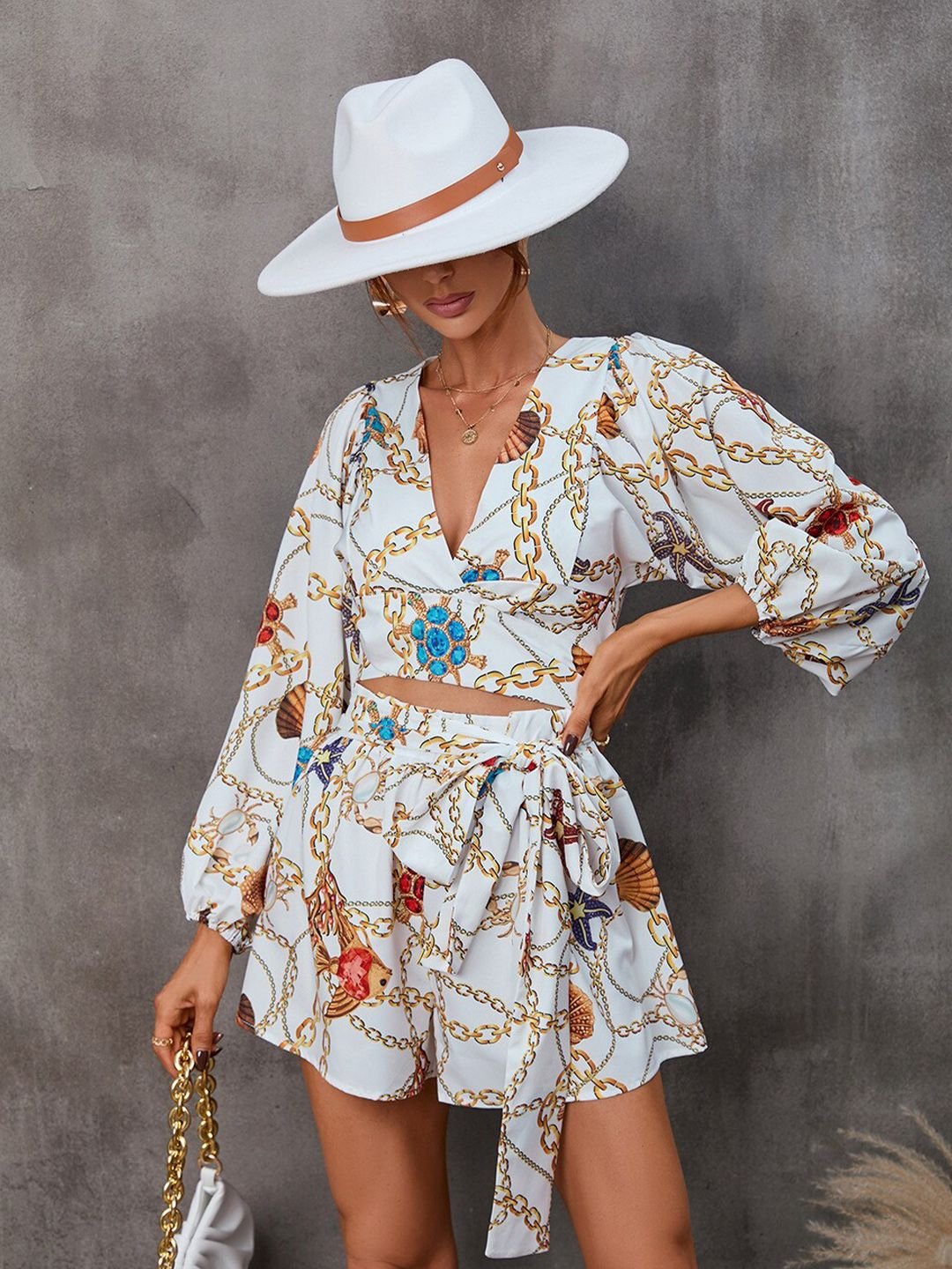 White Nautical Print Long Sleeve Romper
