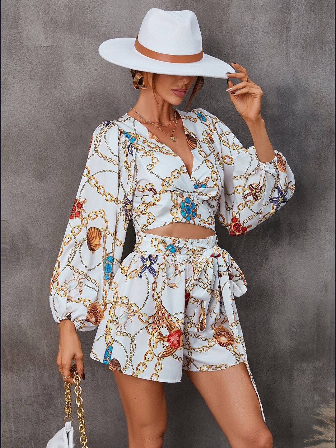 White Nautical Print Long Sleeve Romper