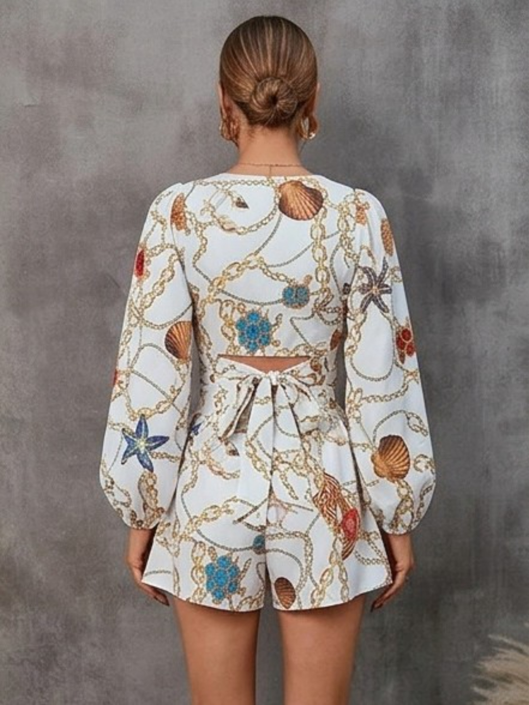 White Nautical Print Long Sleeve Romper