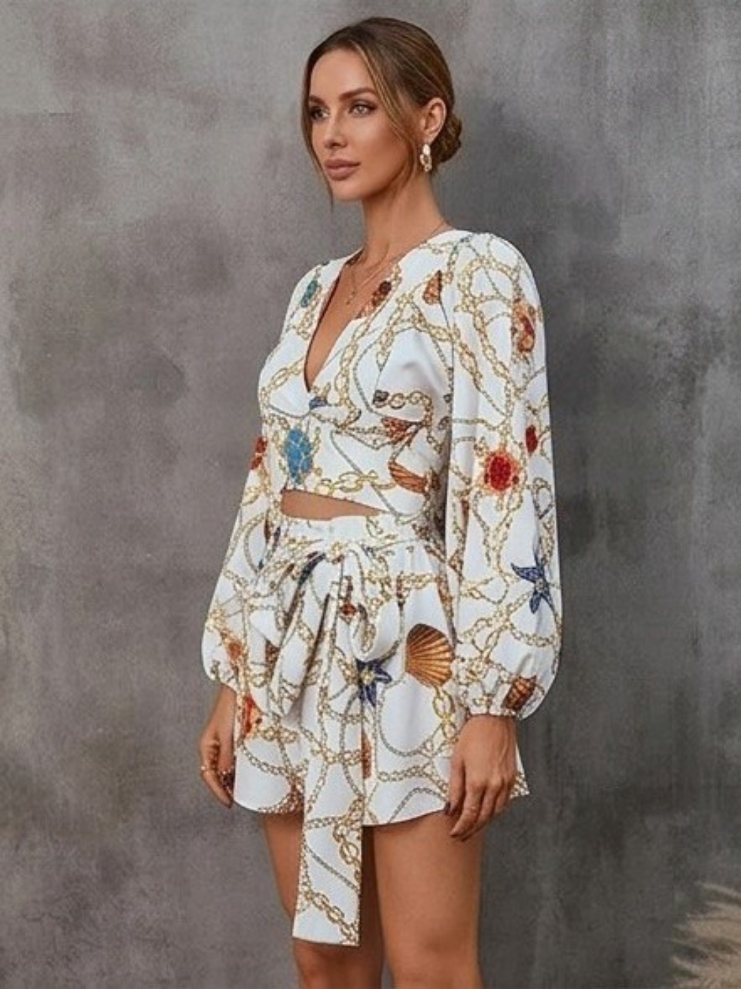 White Nautical Print Long Sleeve Romper