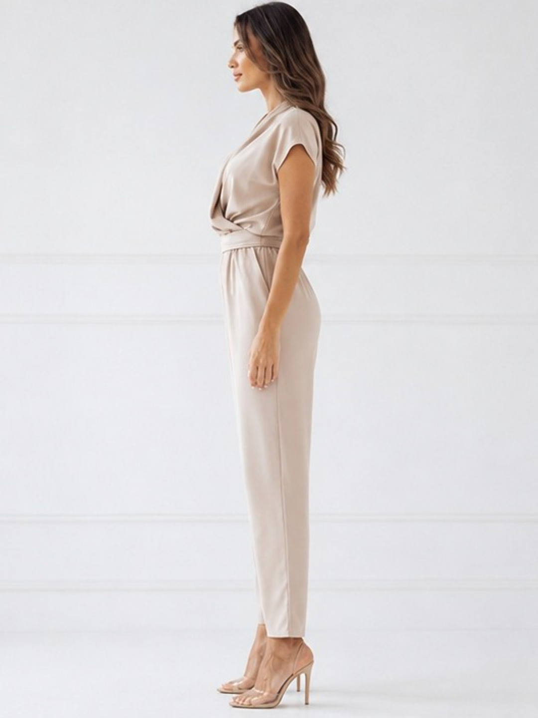 Beige V-Neck Jumpsuit with Waist Tie