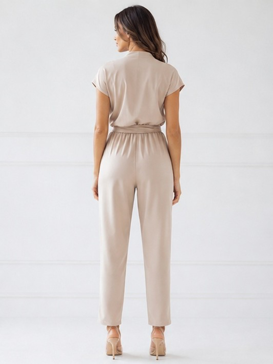 Beige V-Neck Jumpsuit with Waist Tie