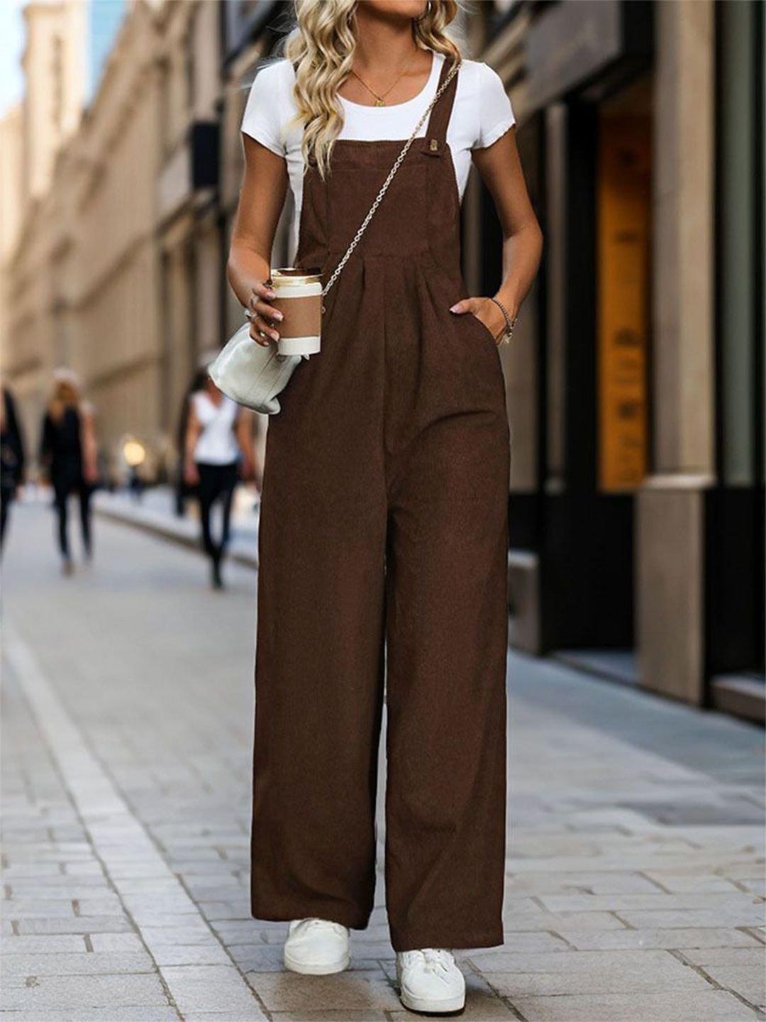 Brown Solid Pocket Detail Wide-Leg Jumpsuit