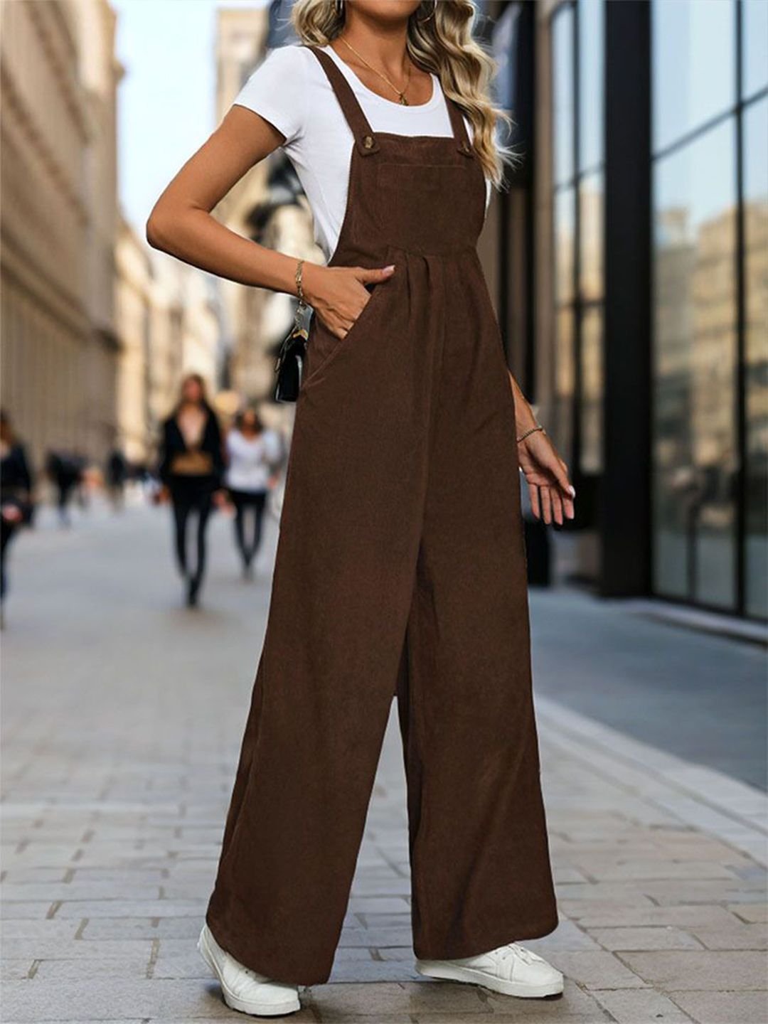 Brown Solid Pocket Detail Wide-Leg Jumpsuit