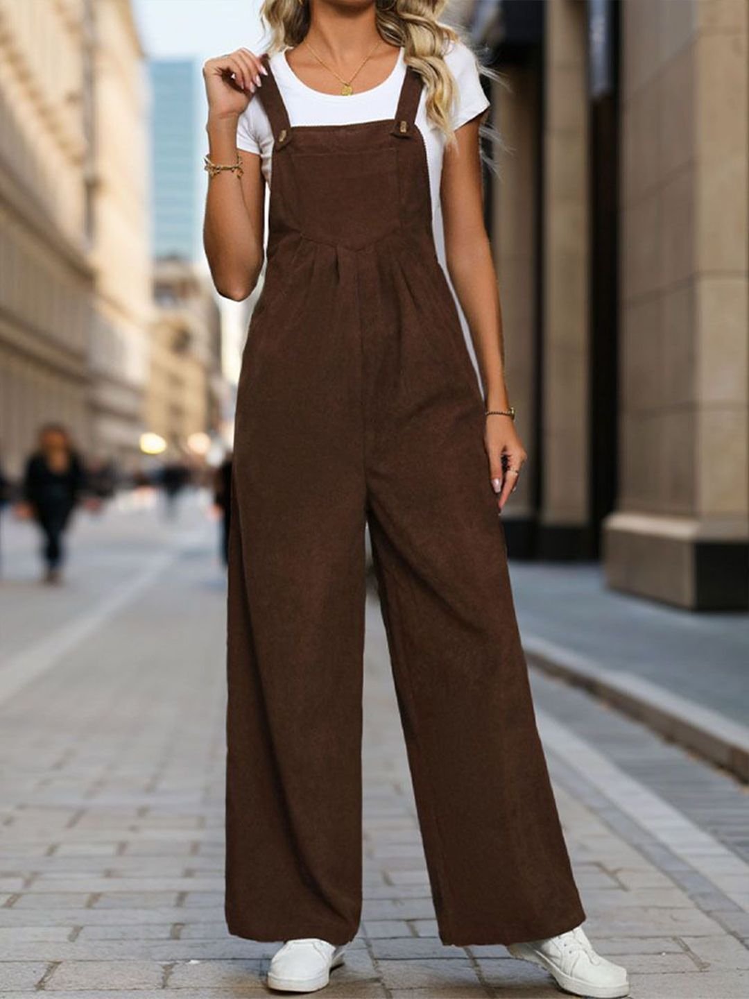 Brown Solid Pocket Detail Wide-Leg Jumpsuit