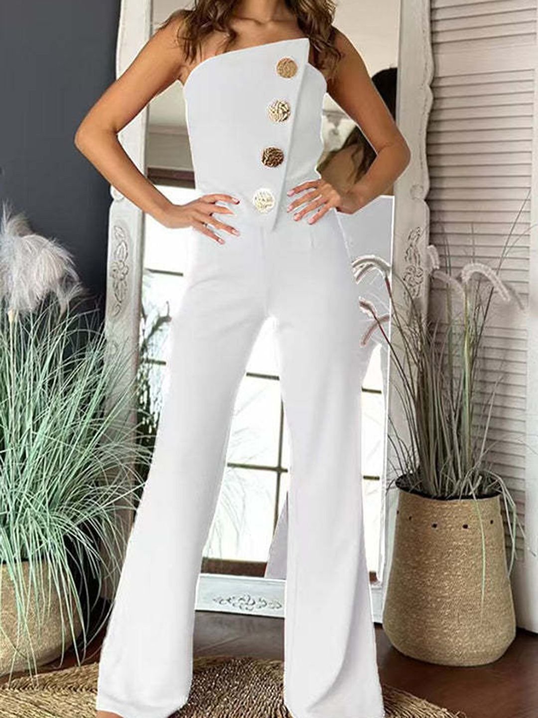 White Asymmetric Jumpsuit with Gold Buttons