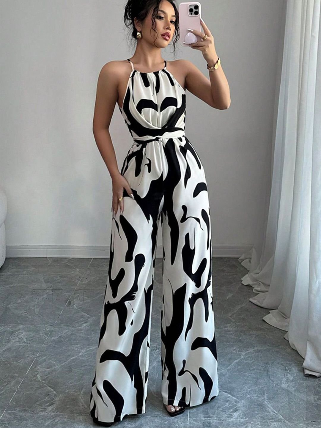 White and Black Abstract Print Halter Neck Jumpsuit