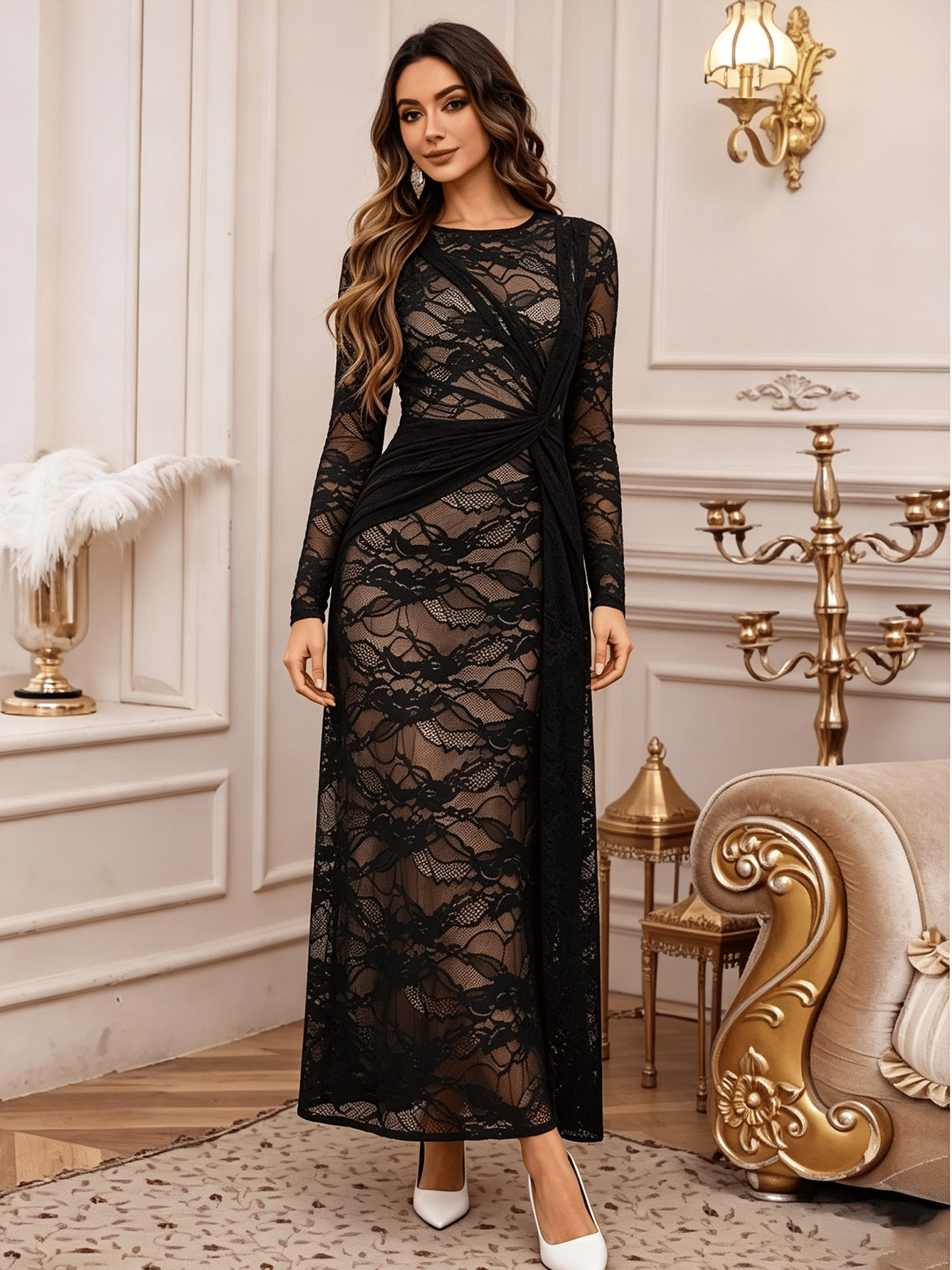 Black Lace Long Sleeve Maxi Dress