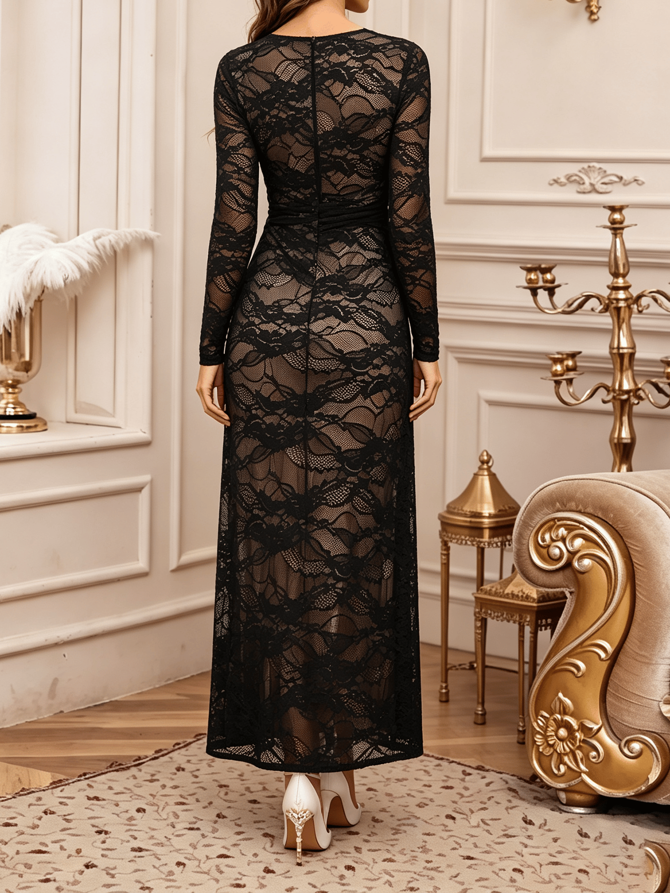 Black Lace Long Sleeve Maxi Dress
