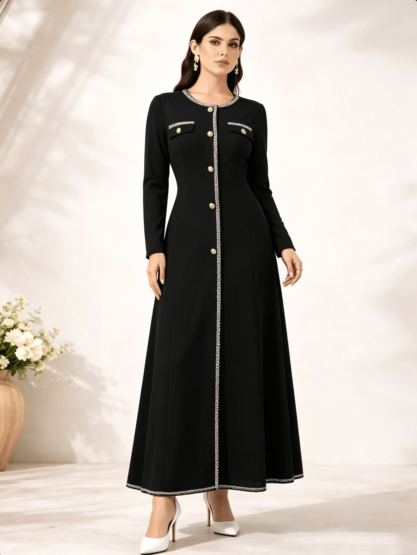 Black A-Line Maxi Dress with Long Sleeves
