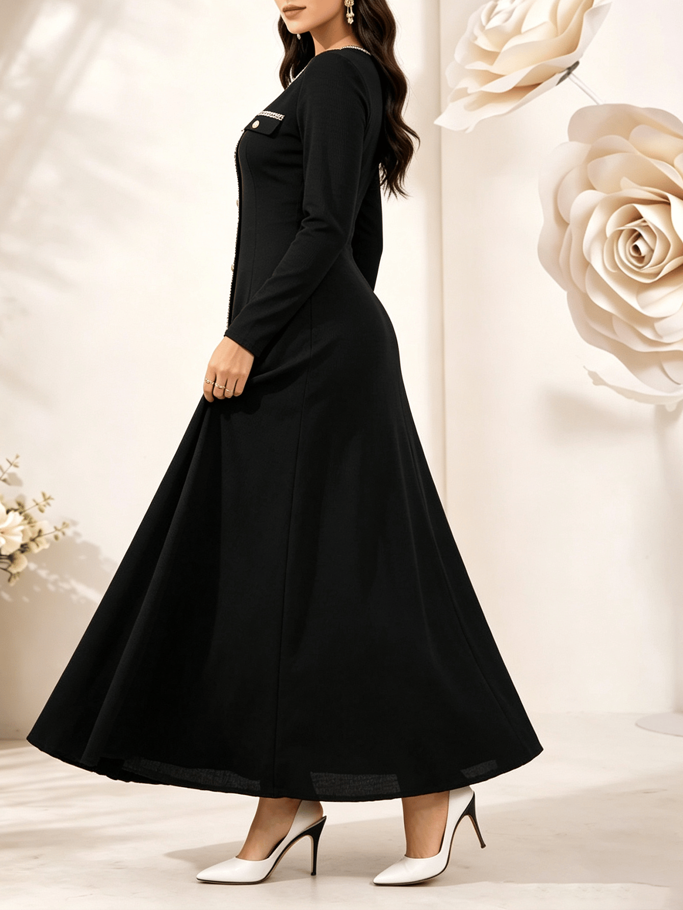 Black A-Line Maxi Dress with Long Sleeves
