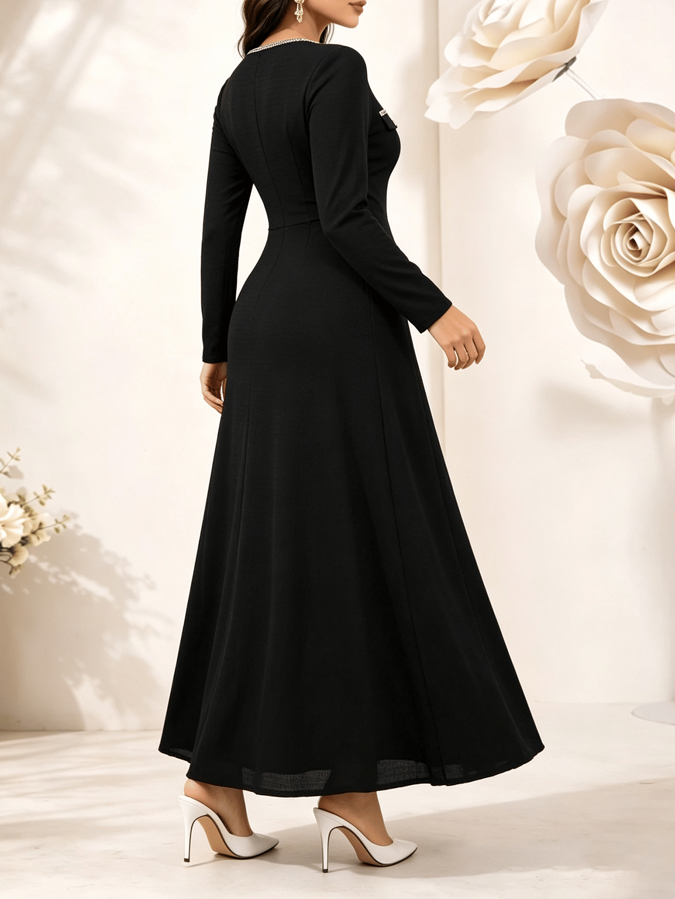Black A-Line Maxi Dress with Long Sleeves