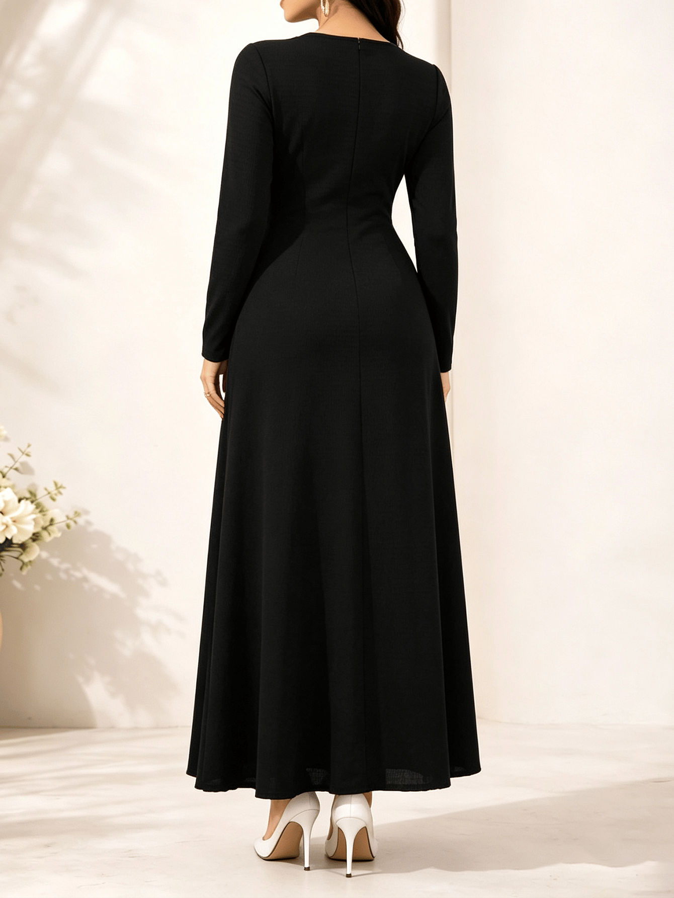 Black A-Line Maxi Dress with Long Sleeves