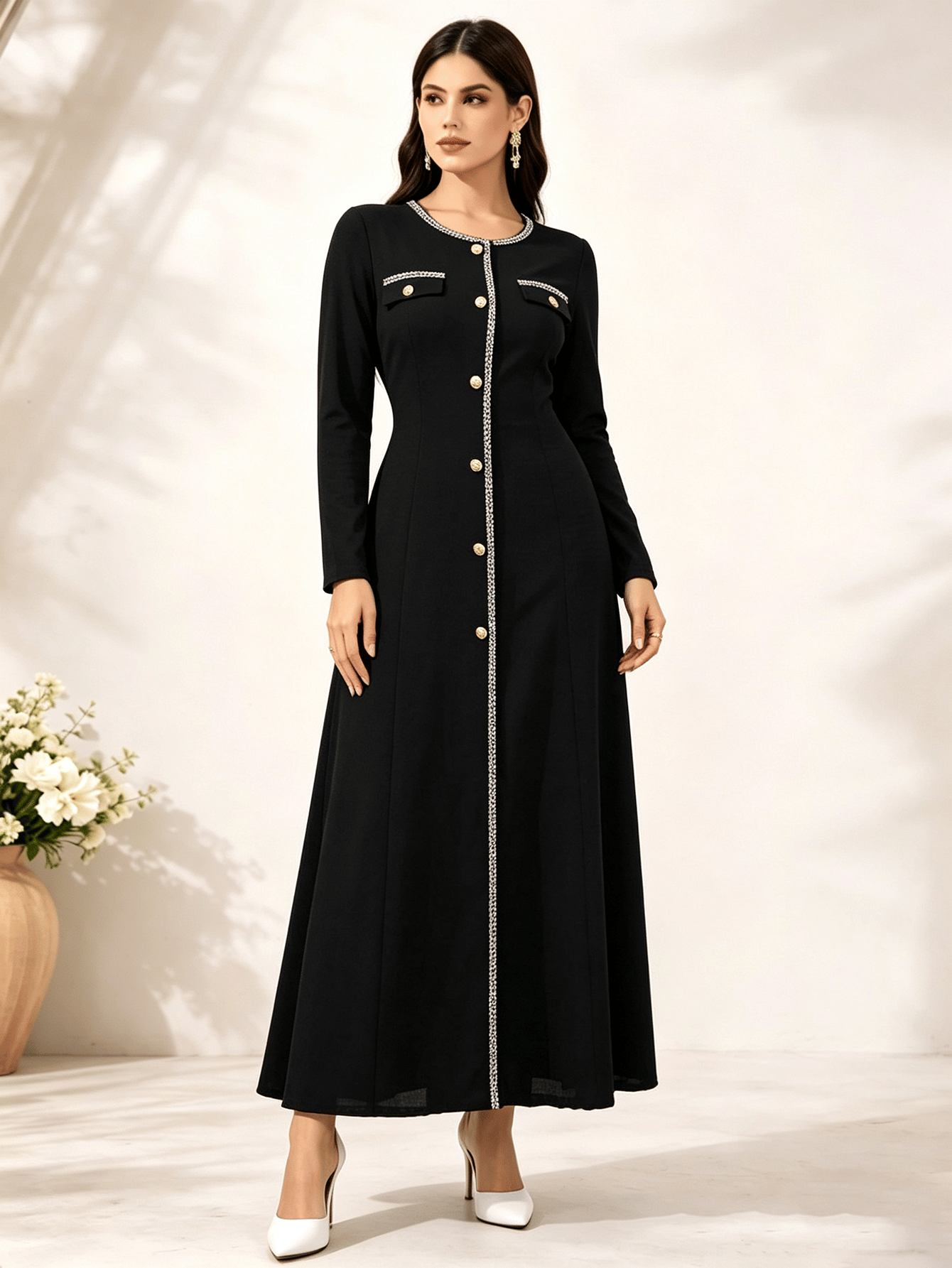 Black A-Line Maxi Dress with Long Sleeves