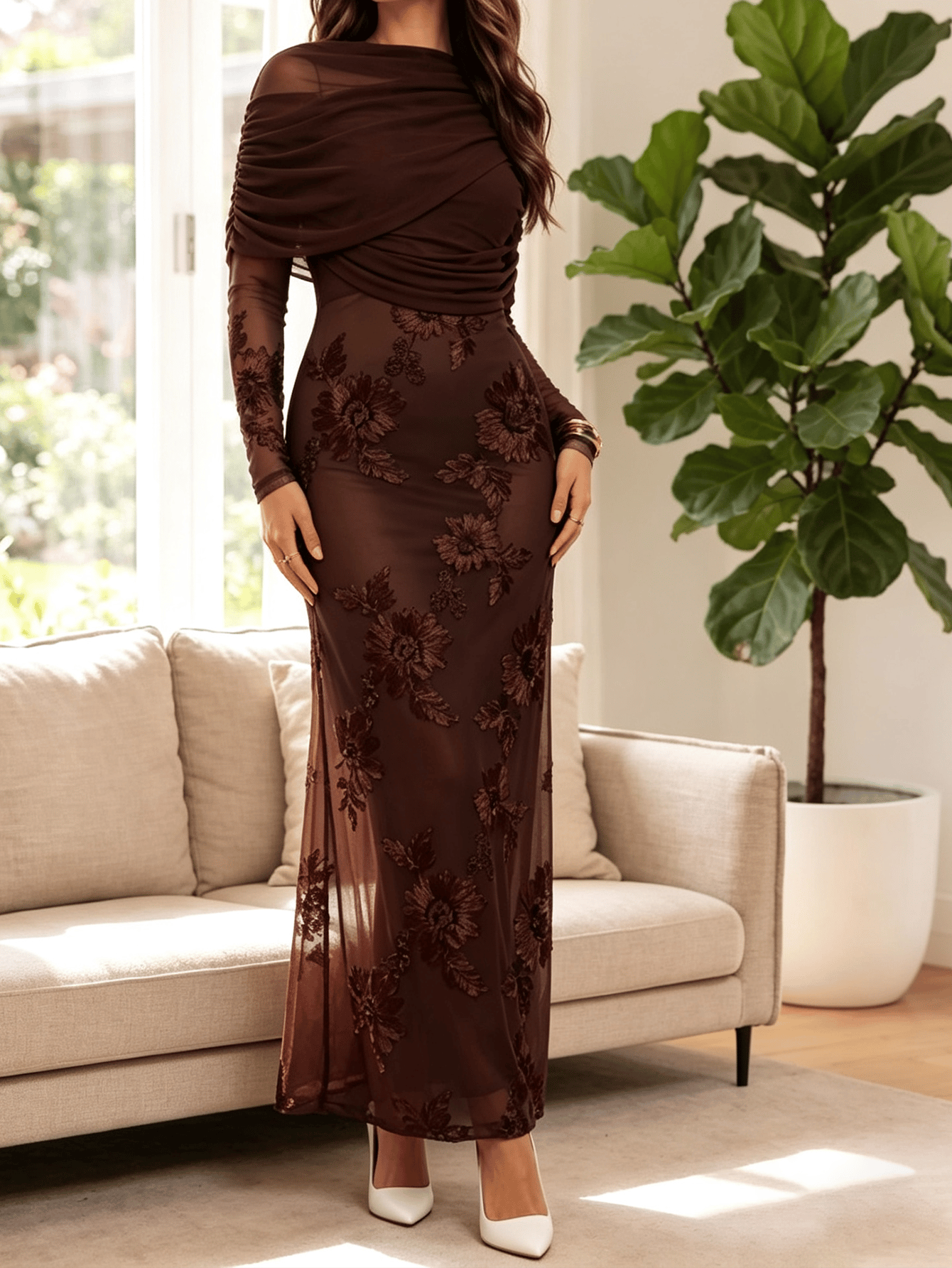Coffee Brown Floral Mesh Long Sleeve Bodycon Maxi Dress