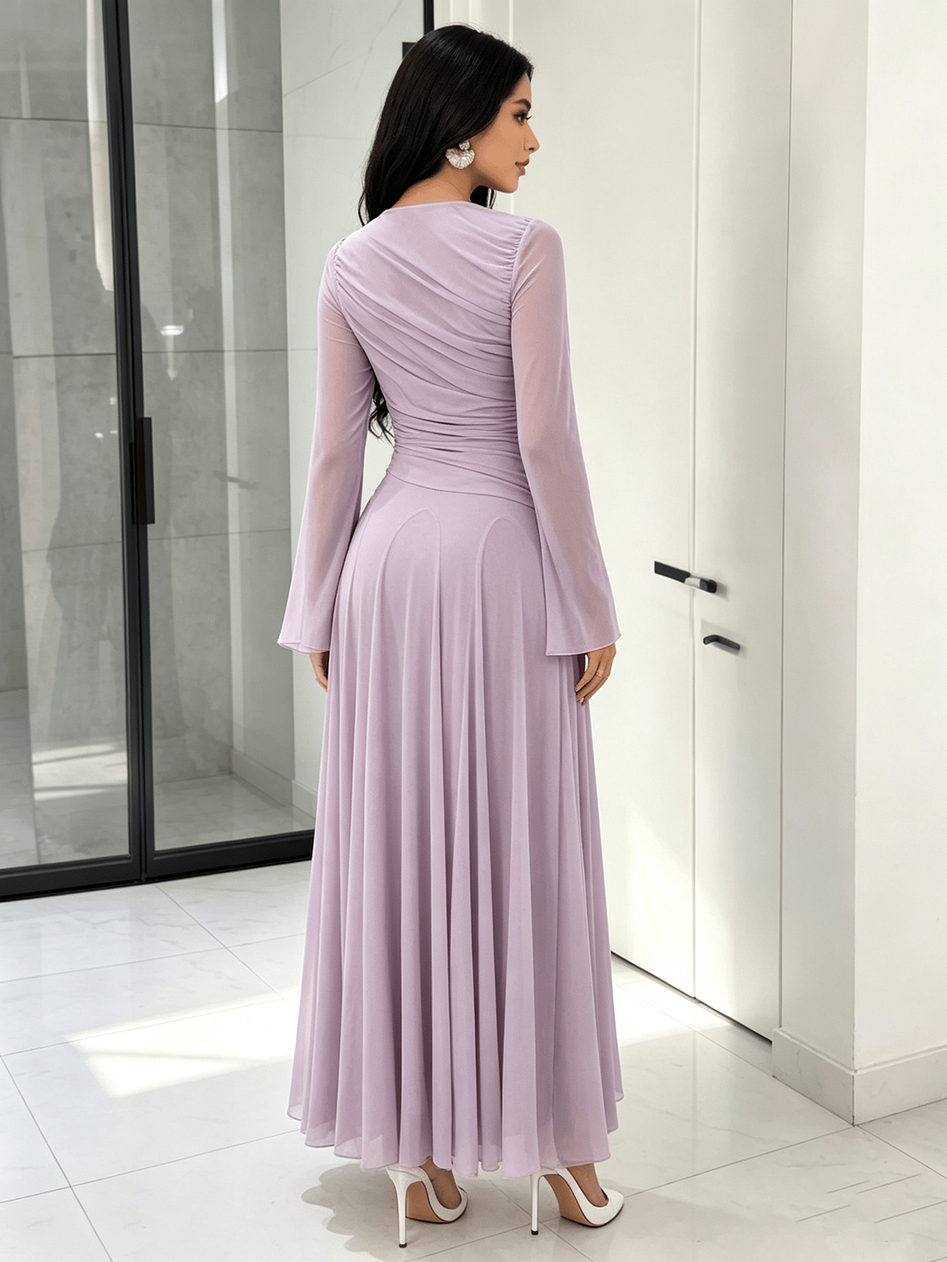 Lilac Long Sleeve Fit and Flare Maxi Dress