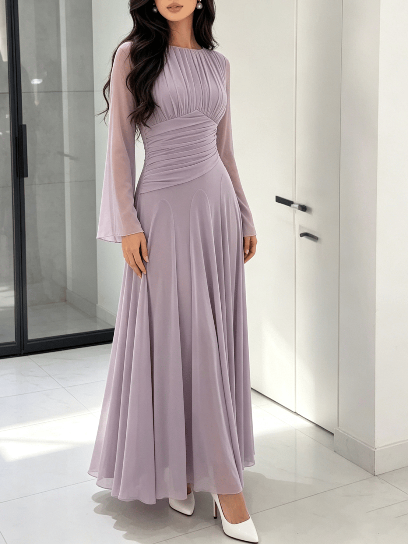 Lilac Long Sleeve Fit and Flare Maxi Dress