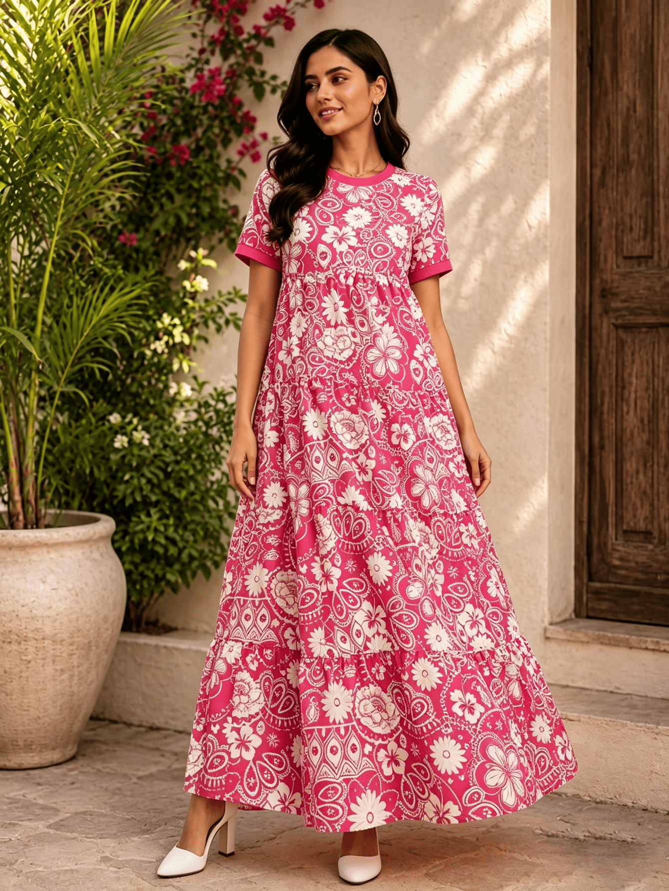 Floral Tiered Maxi Dress with Short Sleeves A-Line