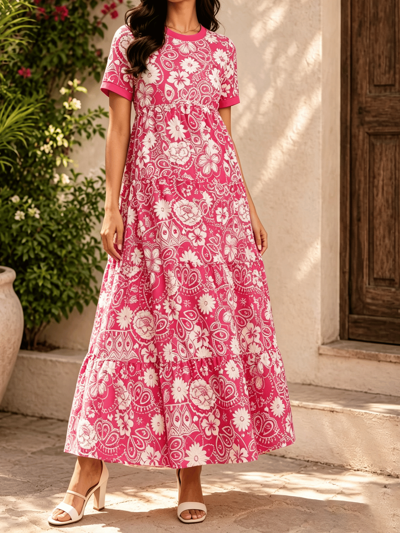 Floral Tiered Maxi Dress with Short Sleeves A-Line