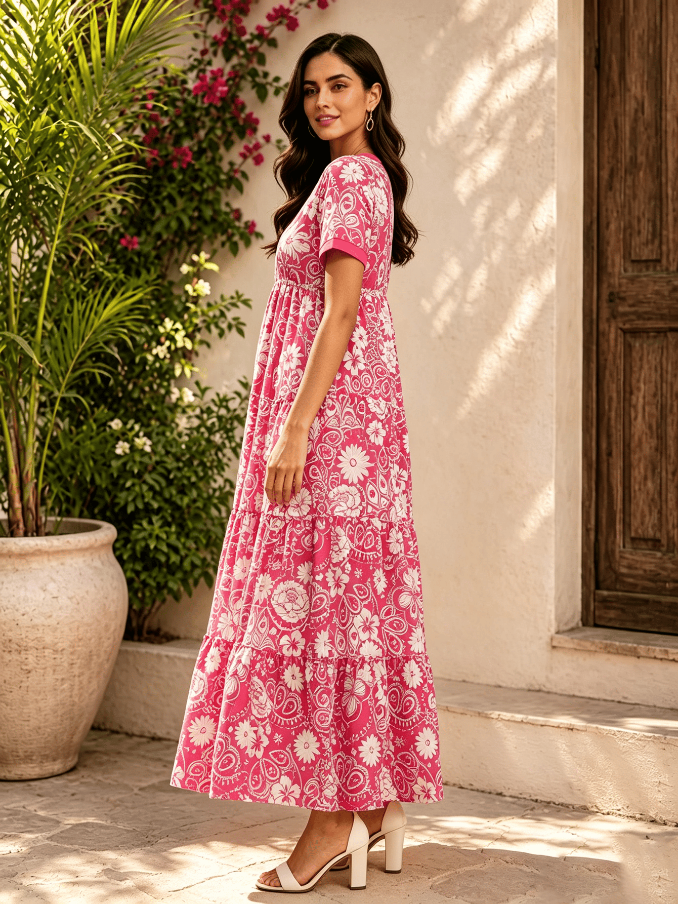 Floral Tiered Maxi Dress with Short Sleeves A-Line