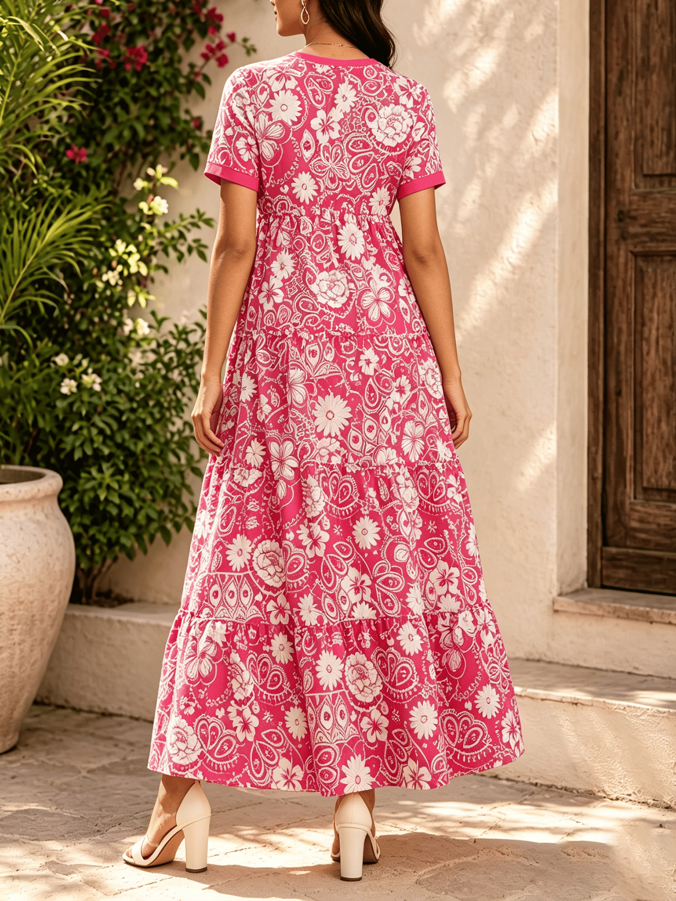 Floral Tiered Maxi Dress with Short Sleeves A-Line