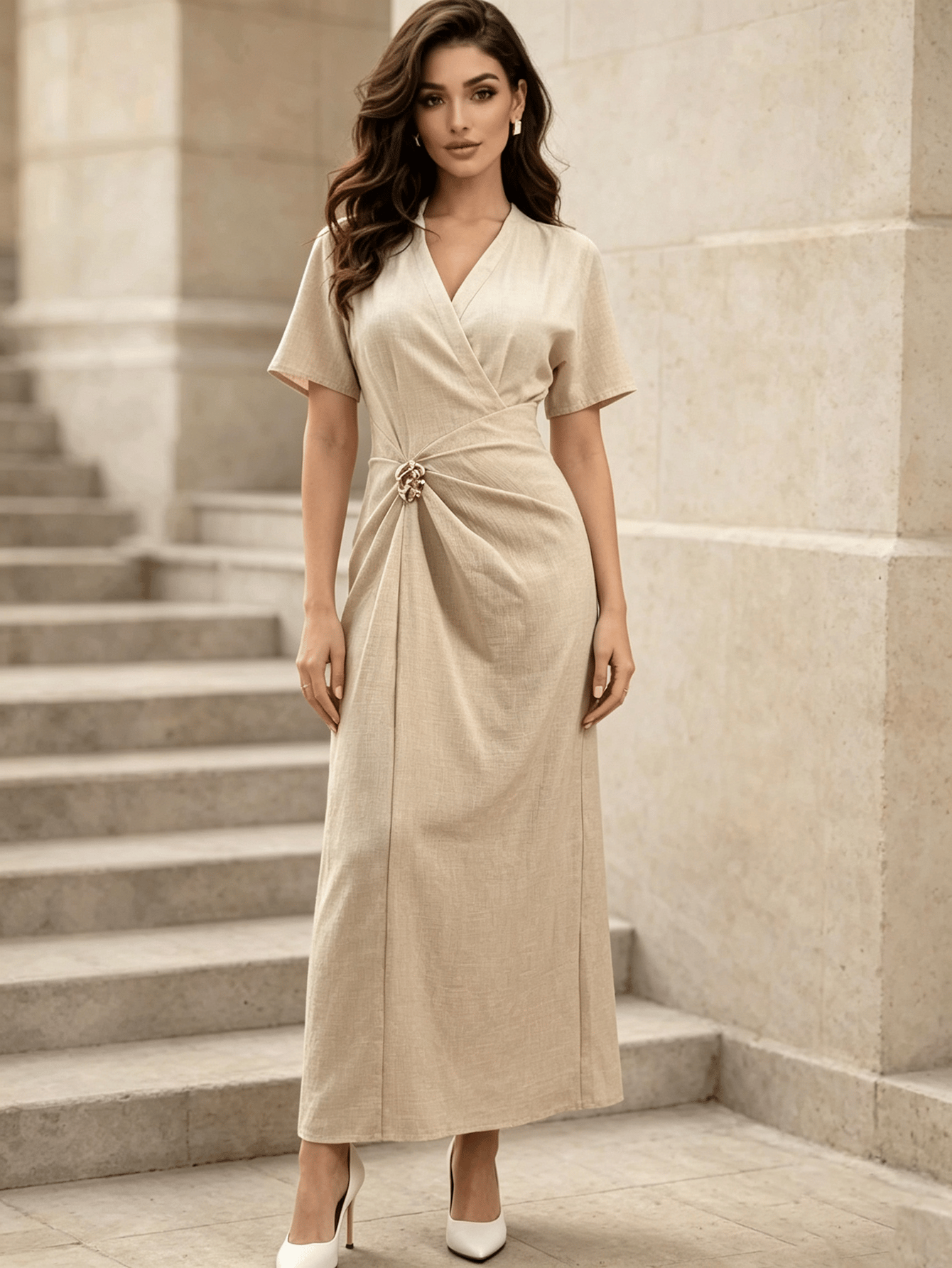 Nude Plain Wrap Maxi Dress with Short Sleeves