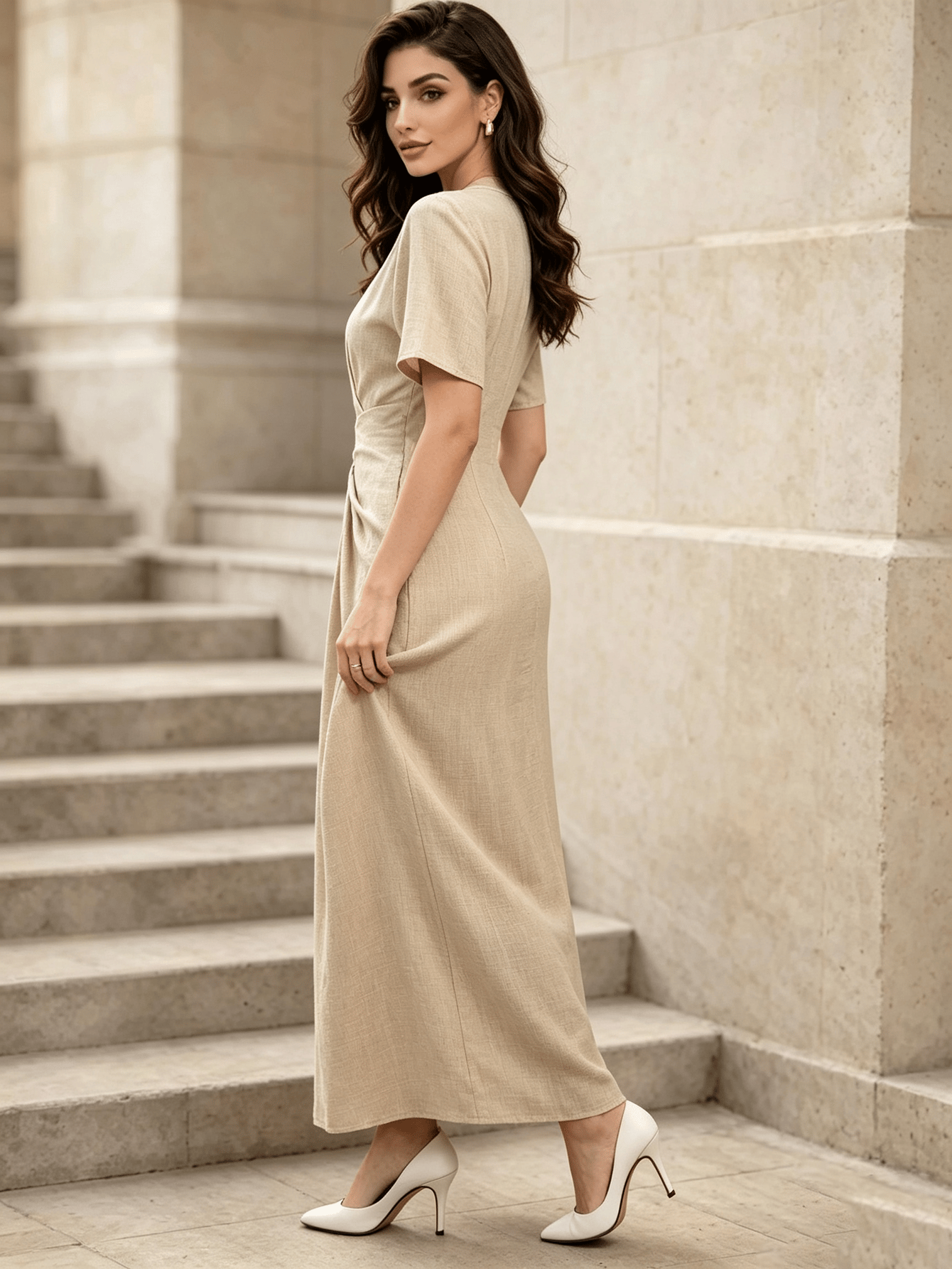 Nude Plain Wrap Maxi Dress with Short Sleeves