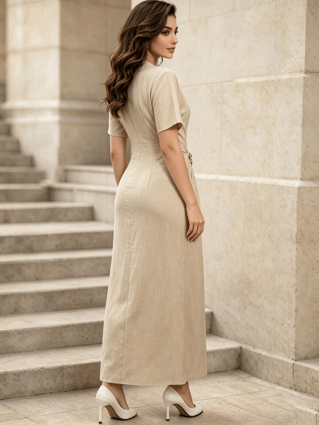 Nude Plain Wrap Maxi Dress with Short Sleeves