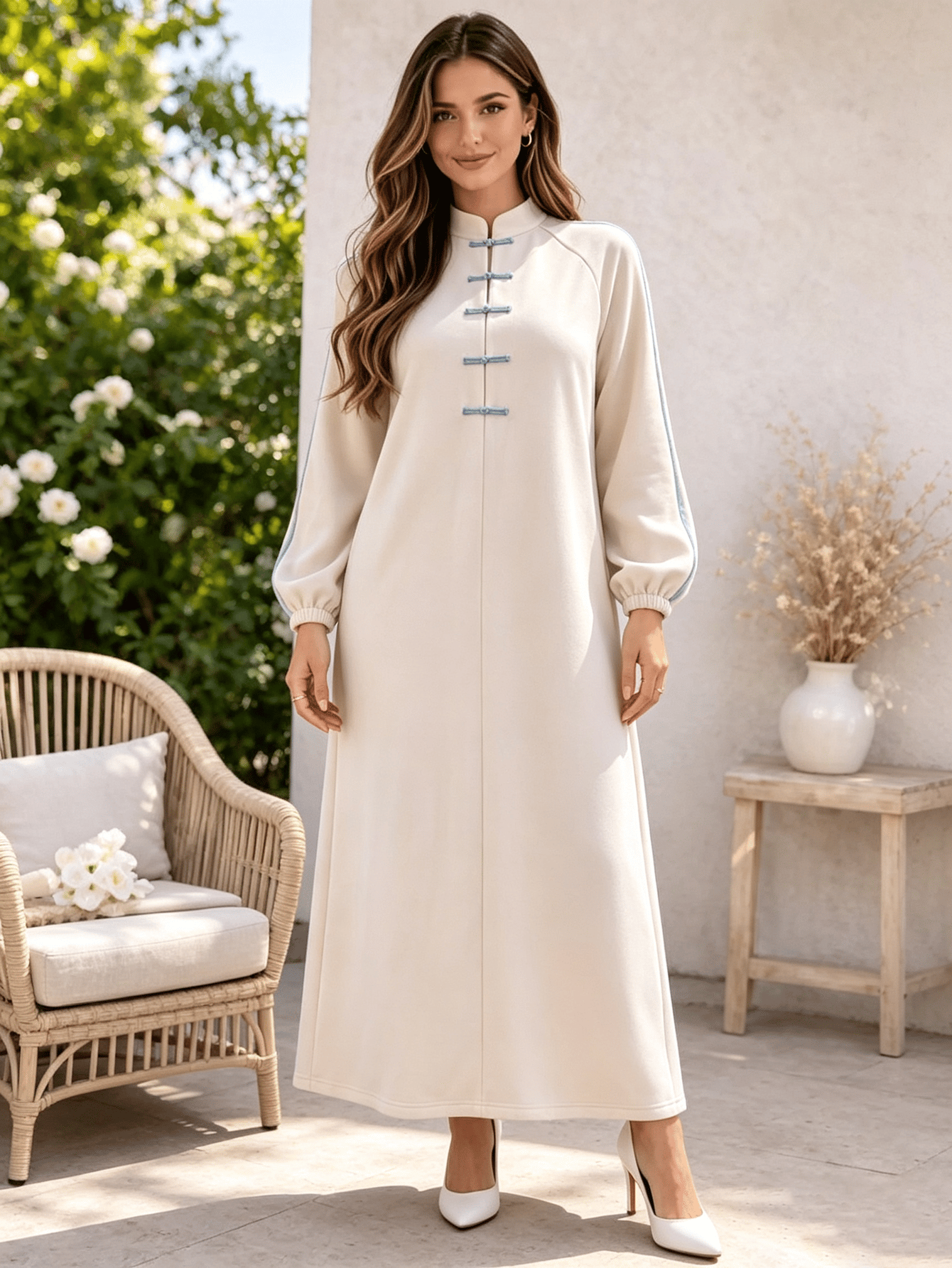 Beige A-Line Maxi Dress with Mandarin Collar and Frog Buttons