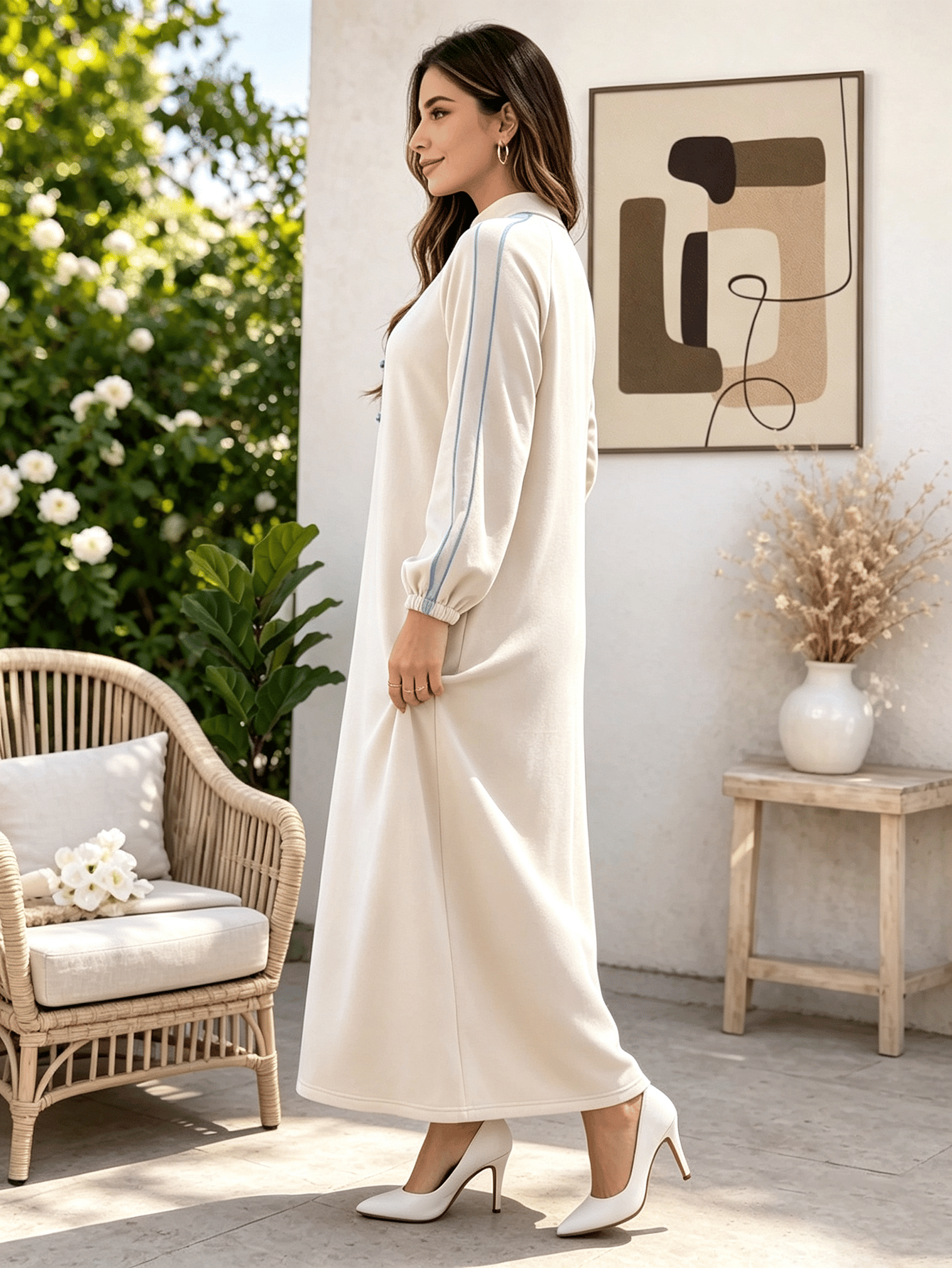 Beige A-Line Maxi Dress with Mandarin Collar and Frog Buttons