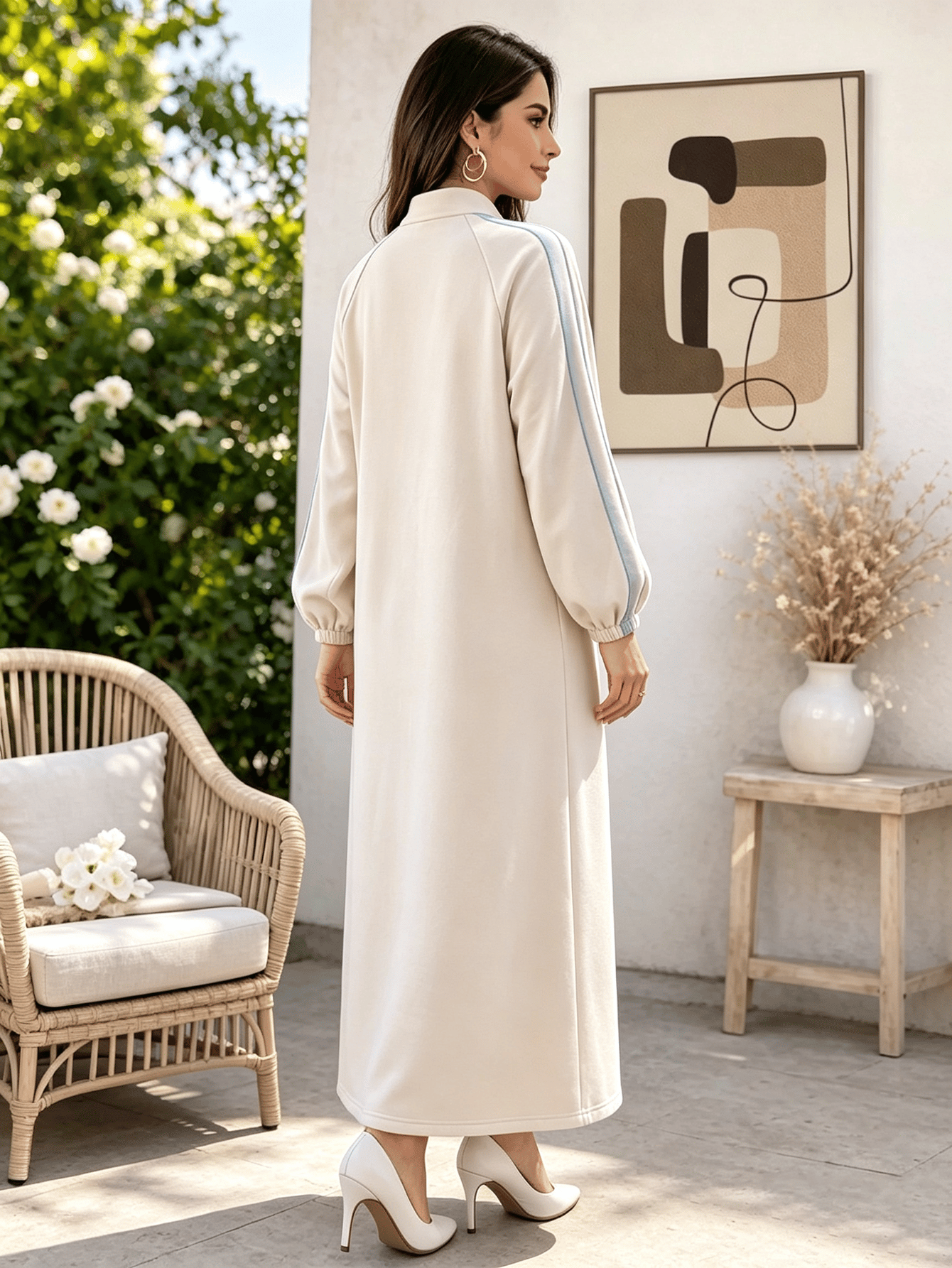 Beige A-Line Maxi Dress with Mandarin Collar and Frog Buttons
