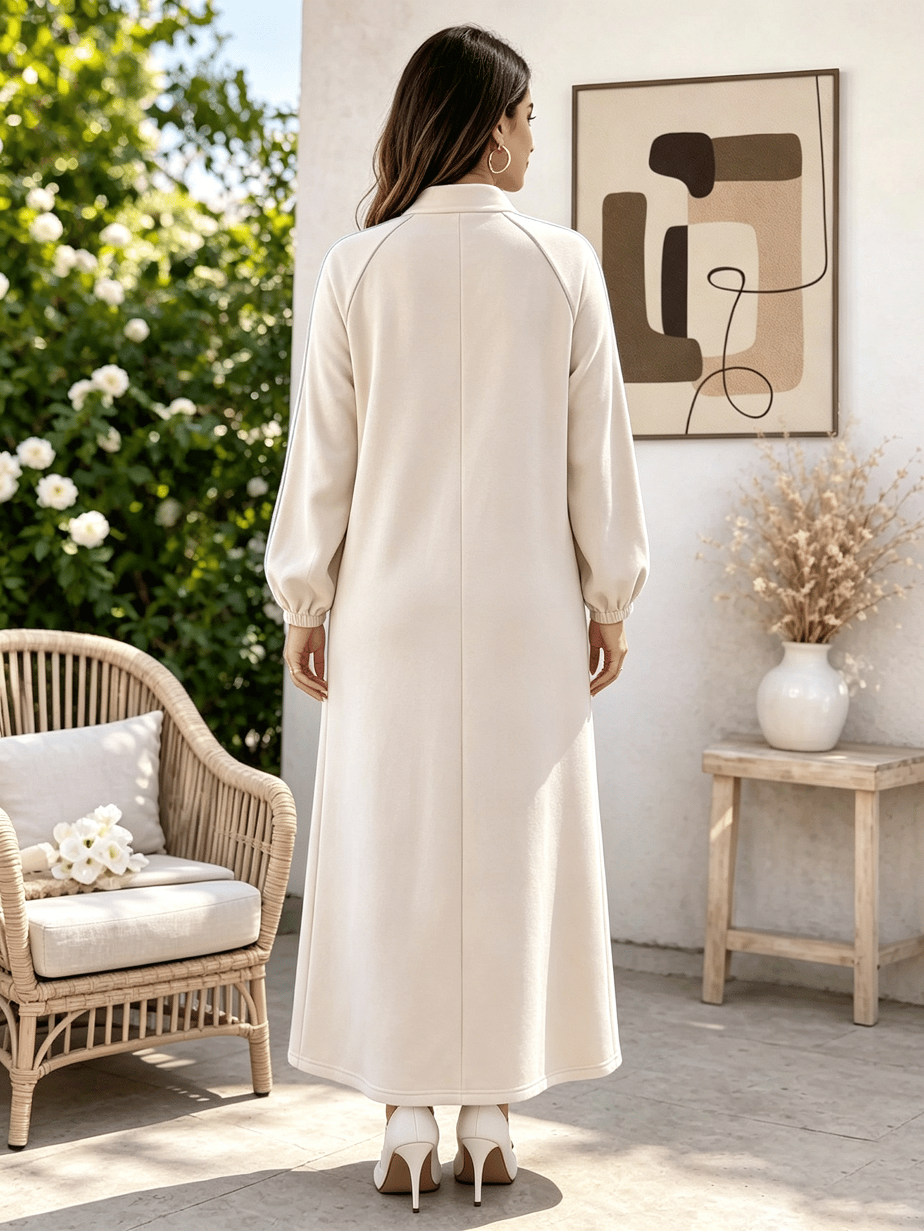Beige A-Line Maxi Dress with Mandarin Collar and Frog Buttons
