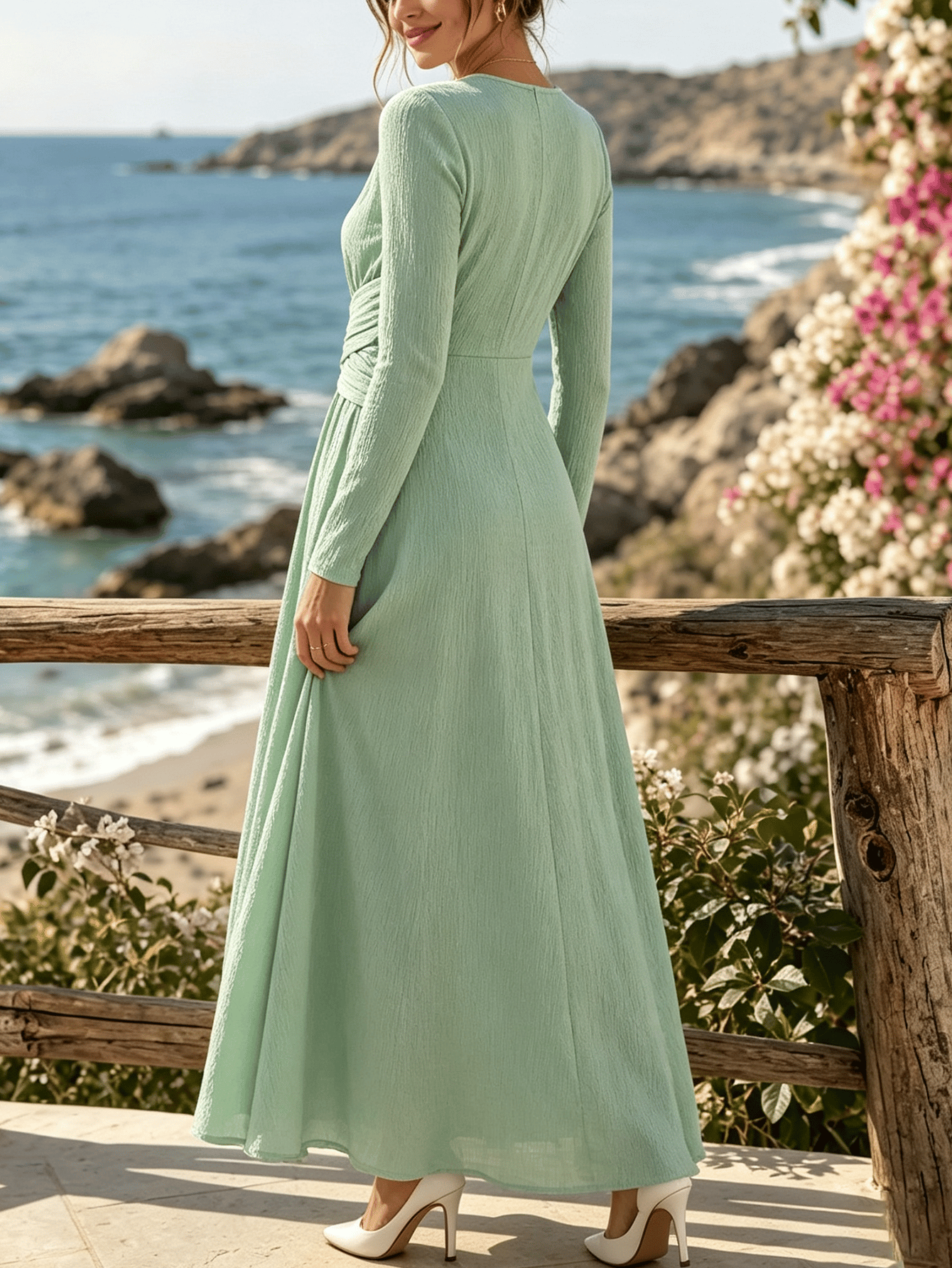Green A-Line Long Sleeve Maxi Dress
