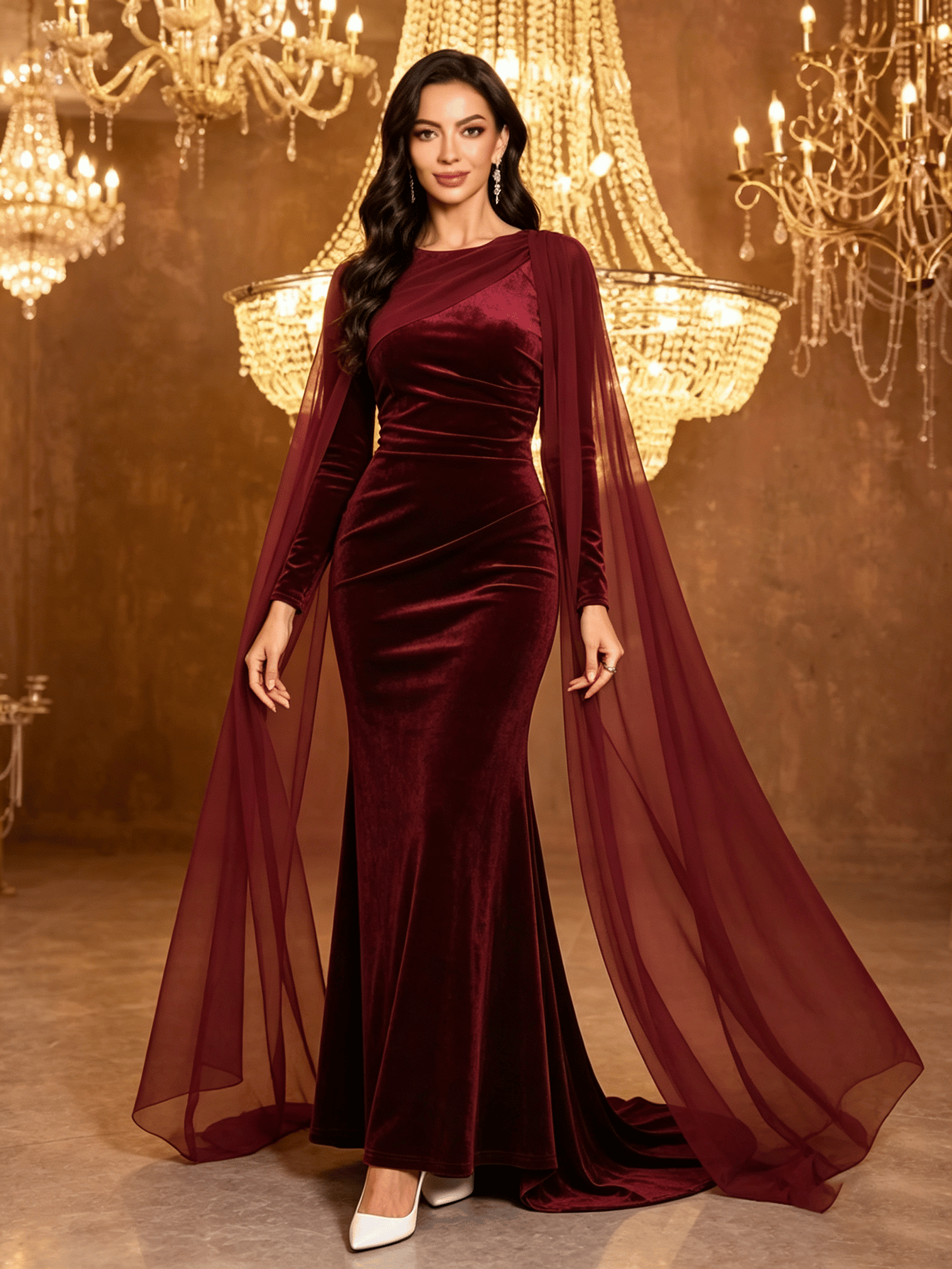 Red Velvet Mermaid Maxi Dress with Sheer Cape Sleeves