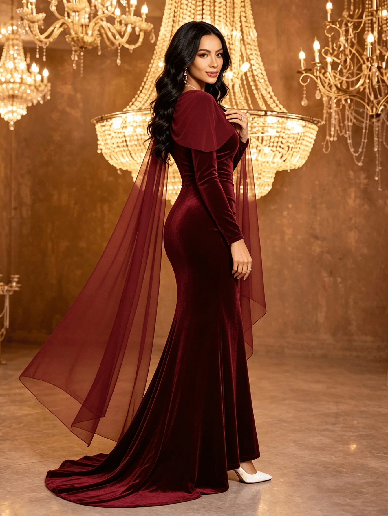 Red Velvet Mermaid Maxi Dress with Sheer Cape Sleeves