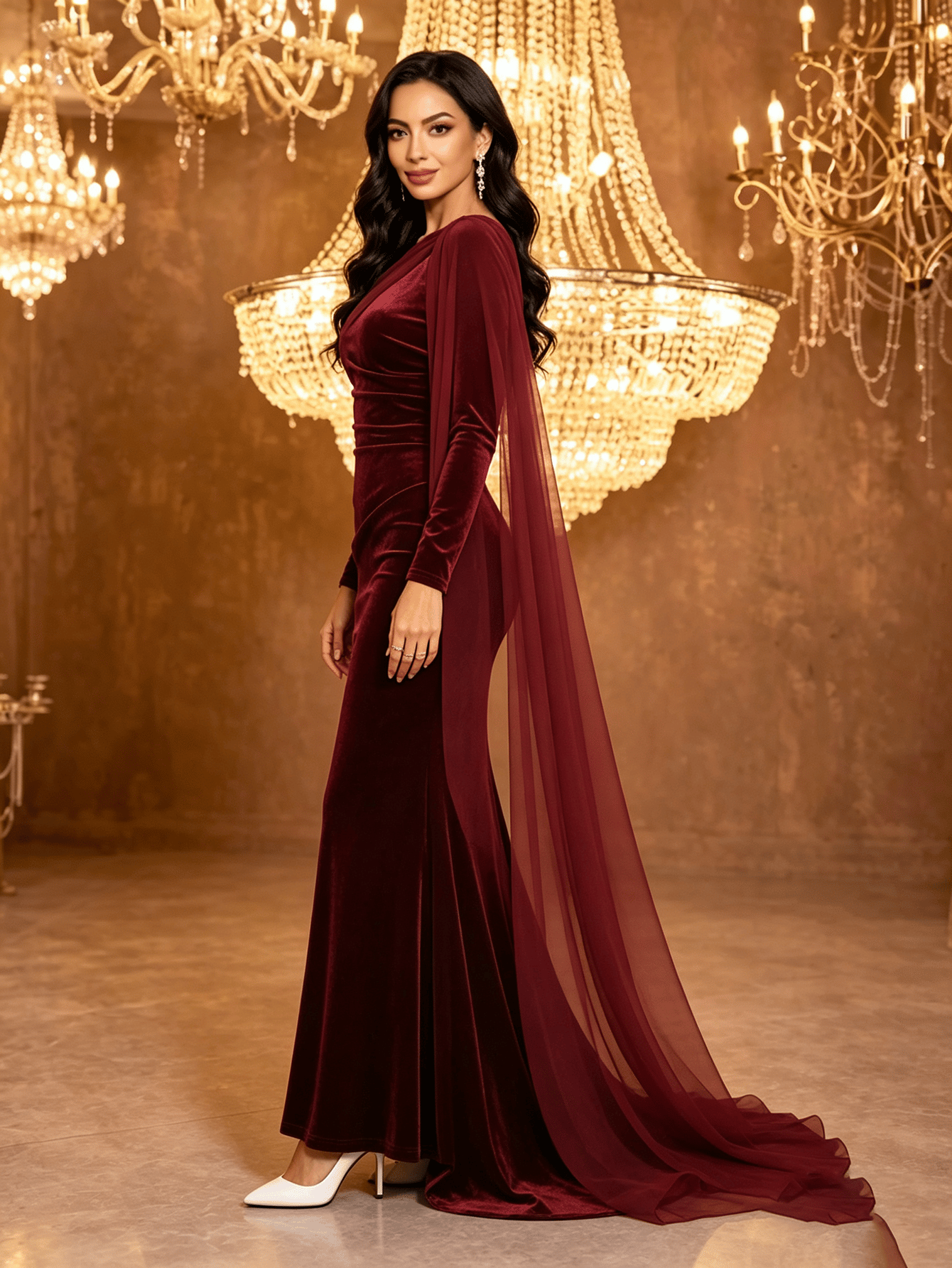 Red Velvet Mermaid Maxi Dress with Sheer Cape Sleeves
