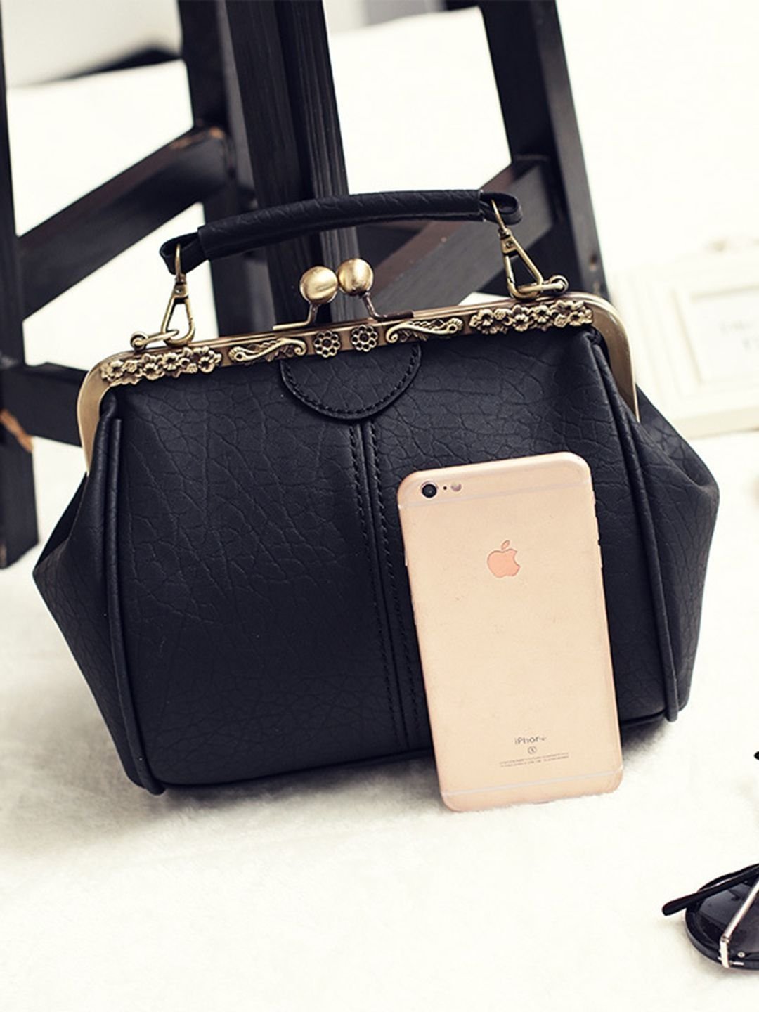 Vintage Clasp Black Handbag with Shoulder Strap
