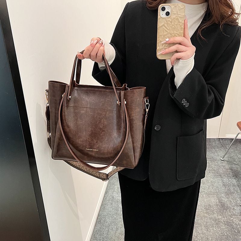 Coffee Brown Tote Handbag with Woven Strap