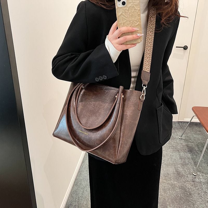 Coffee Brown Tote Handbag with Woven Strap