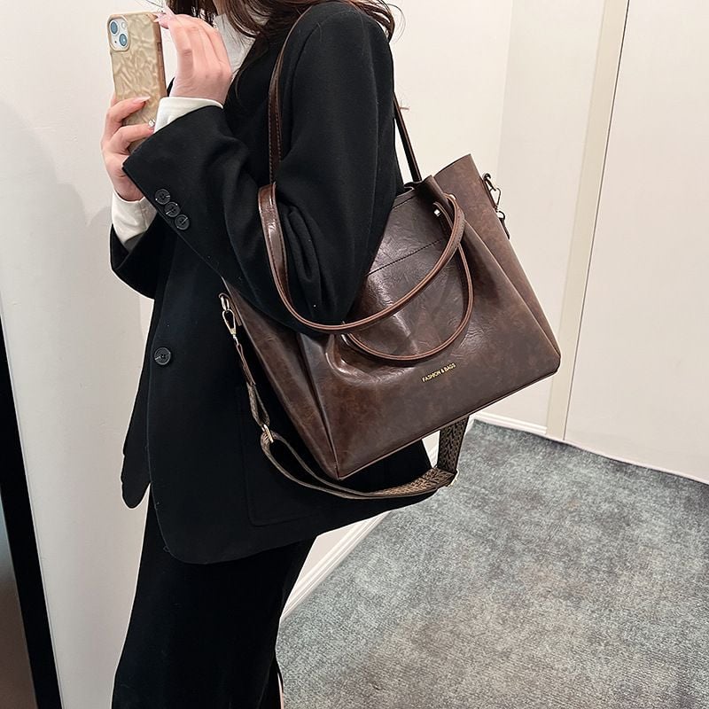 Coffee Brown Tote Handbag with Woven Strap
