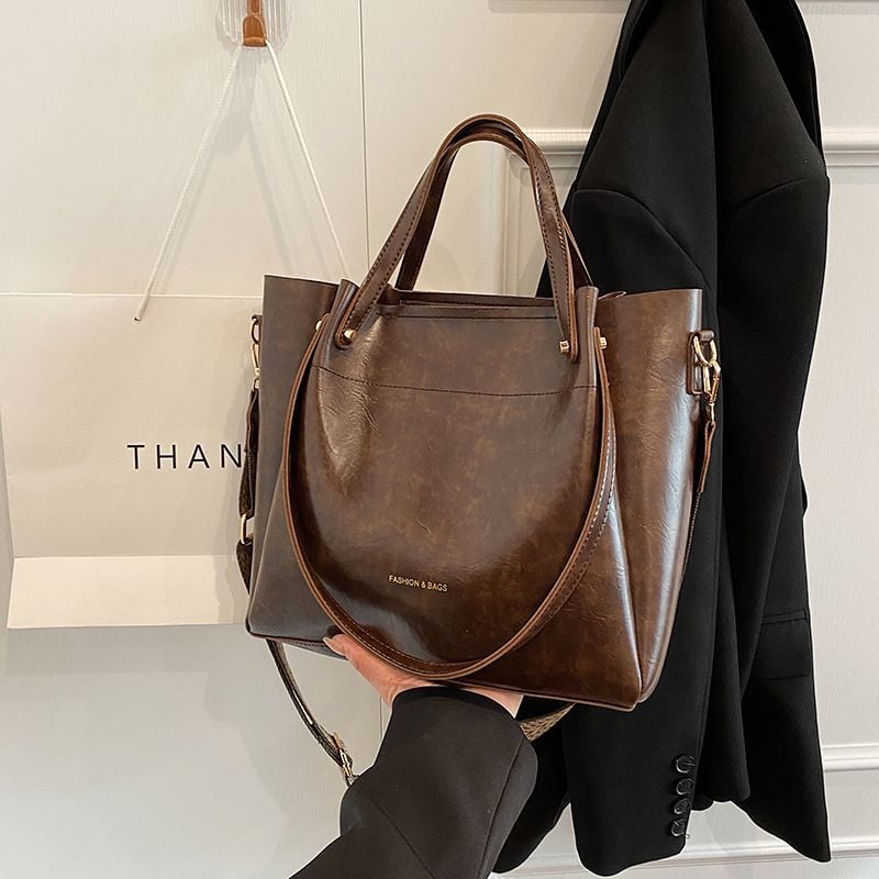 Coffee Brown Tote Handbag with Woven Strap