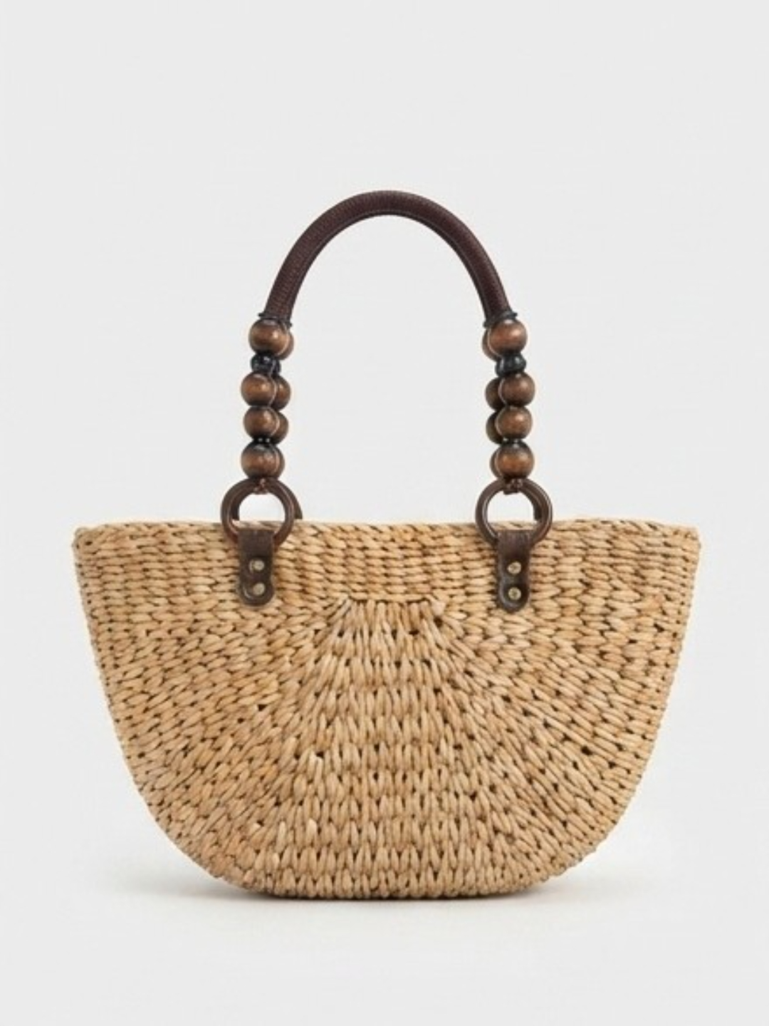 Beige Woven Straw Handbag with Beaded Handle