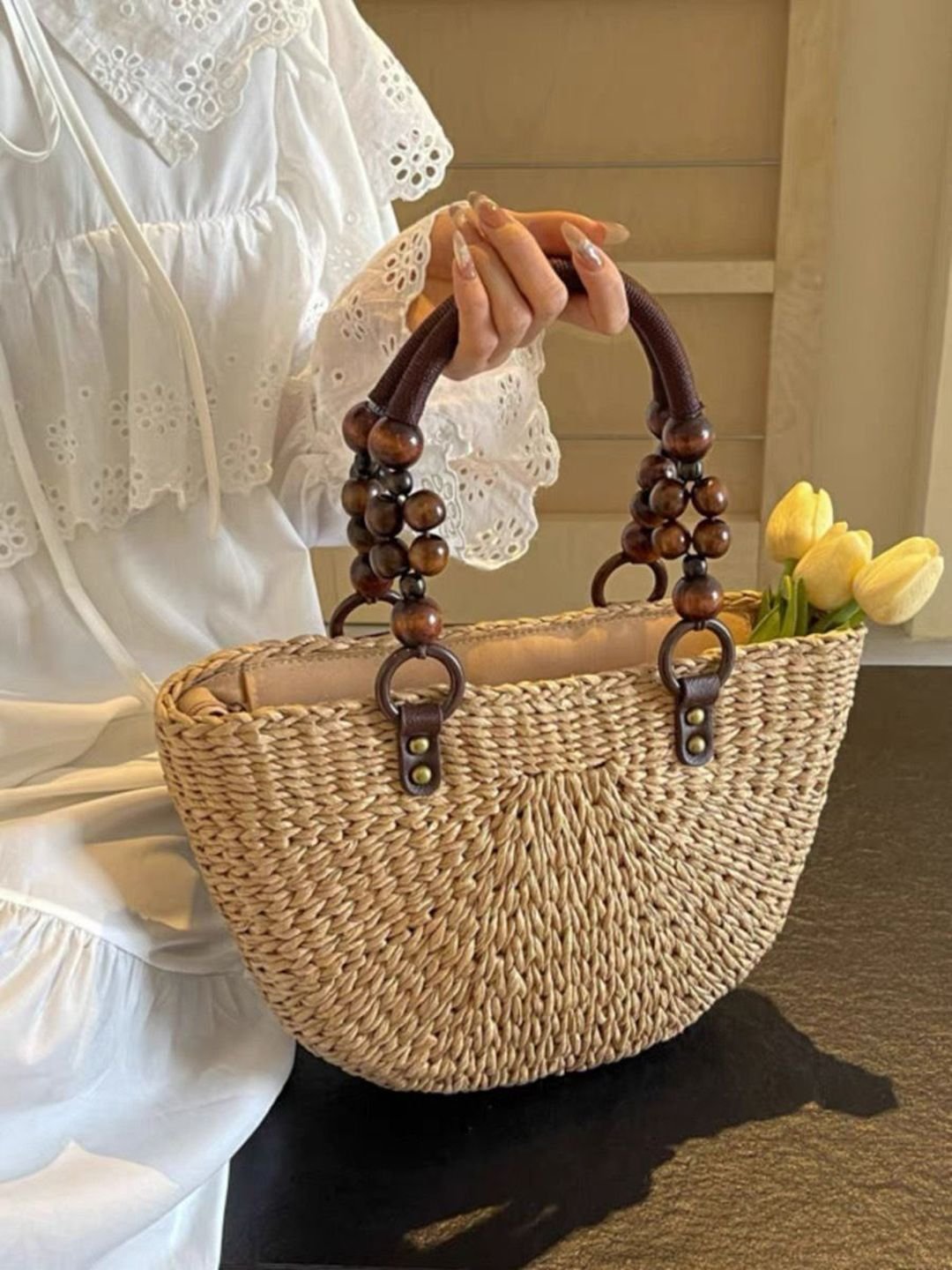 Beige Woven Straw Handbag with Beaded Handle