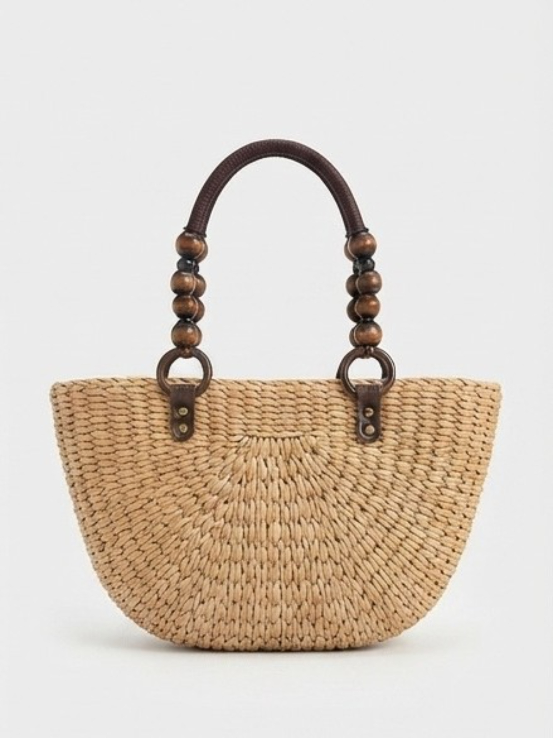 Beige Woven Straw Handbag with Beaded Handle