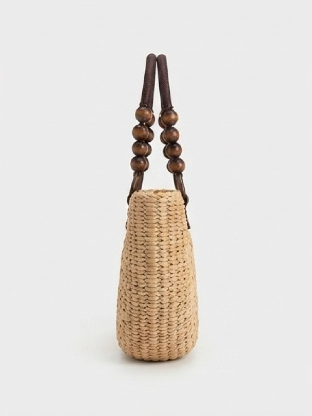 Beige Woven Straw Handbag with Beaded Handle
