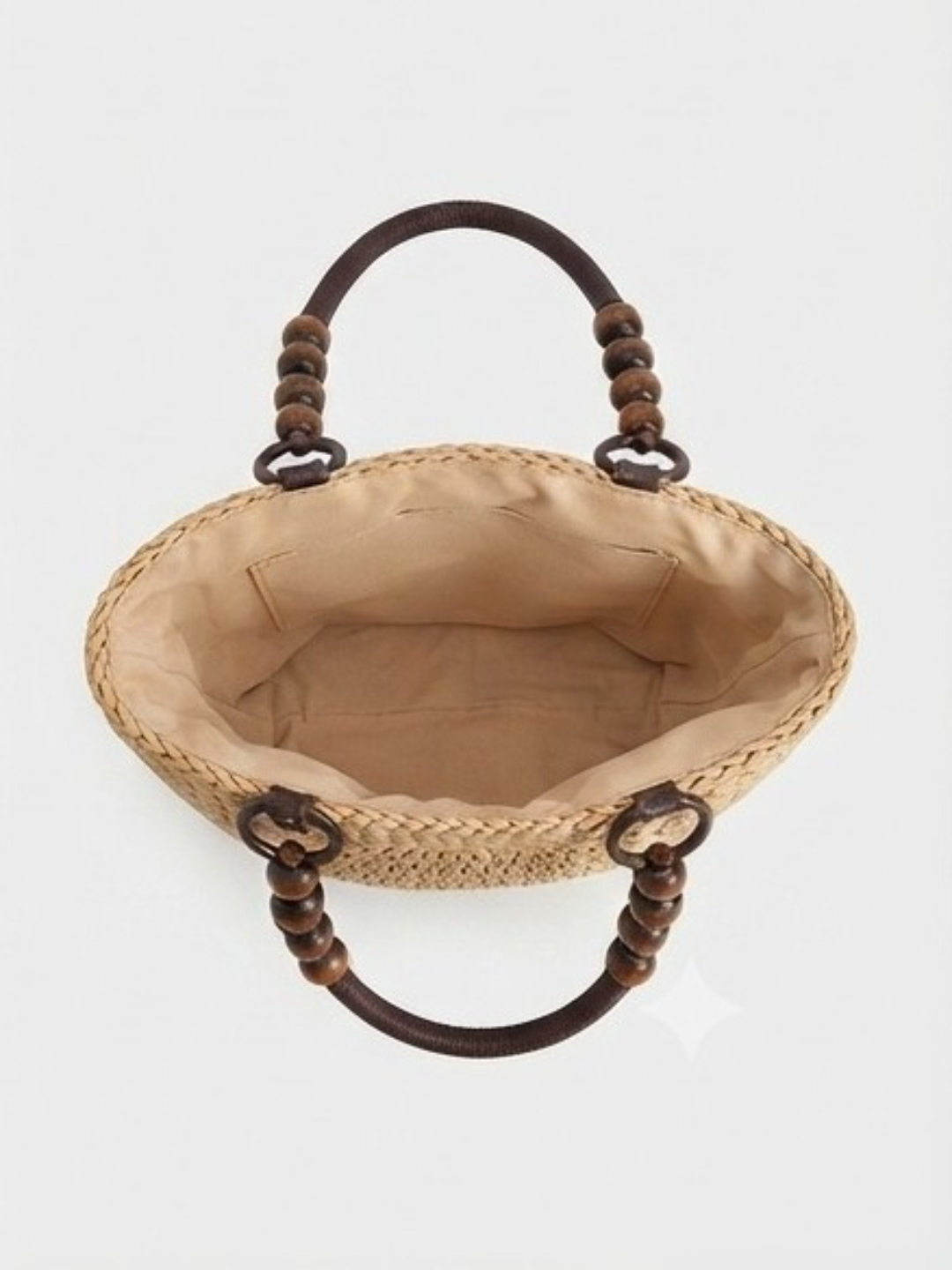 Beige Woven Straw Handbag with Beaded Handle