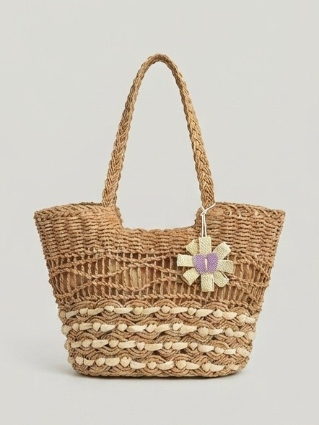Tan Woven Straw Tote Bag with Flower Charm